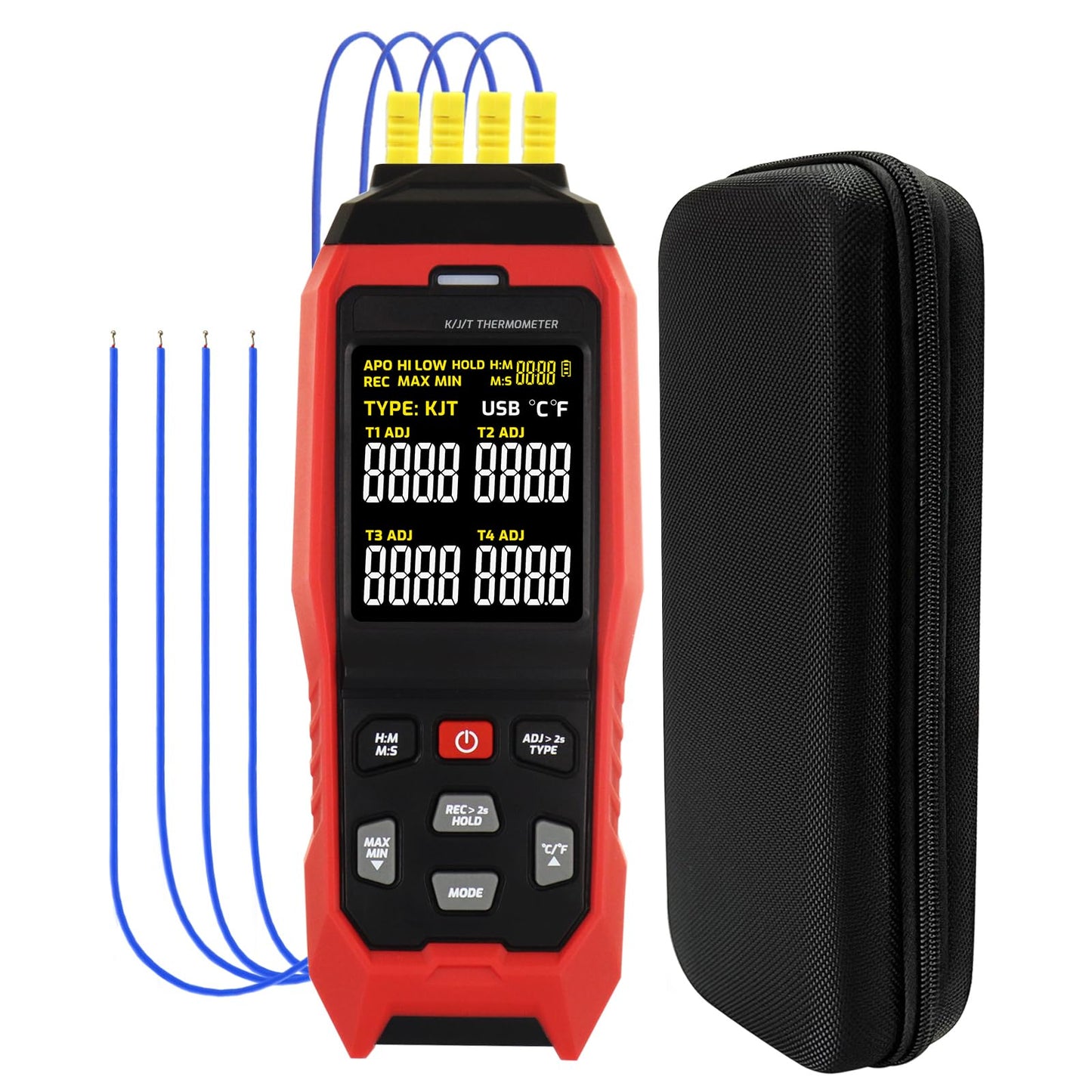 4-Channel Thermocouple Thermometer DataLogger, Digital K/J/T Type Thermometer with 5000 Groups Programmable Temperature Data Logging in Range of -328~2501℉, 4 K-Type thermocouples, ADJ Compensation