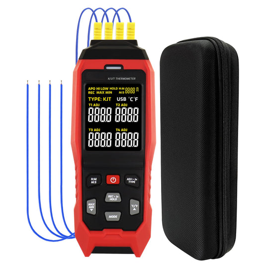 4-Channel Thermocouple Thermometer DataLogger, Digital K/J/T Type Thermometer with 5000 Groups Programmable Temperature Data Logging in Range of -328~2501℉, 4 K-Type thermocouples, ADJ Compensation
