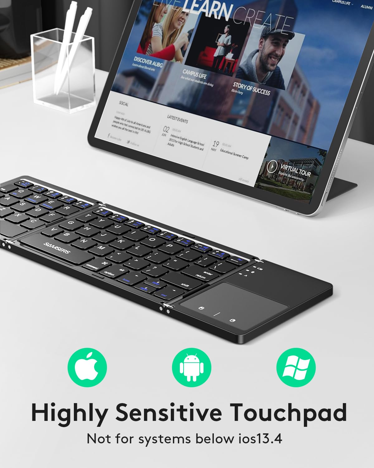 Samsers Foldable Bluetooth Keyboard with Touchpad - Portable Wireless Keyboard with Holder, Rechargeable Full Size Ultra Slim Pocket Folding Keyboard for Android Windows iOS Tablet & Laptop - Black