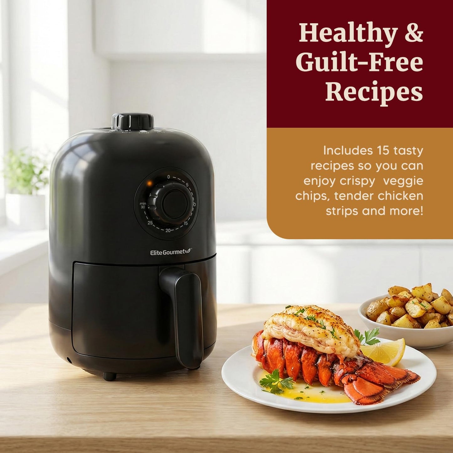 Elite Gourmet EAF-1121X Personal 1.1 Qt. Compact Space Saving Electric Hot Air Fryer Oil-Less Healthy Cooker, Timer & Temperature Controls, 1000W Black