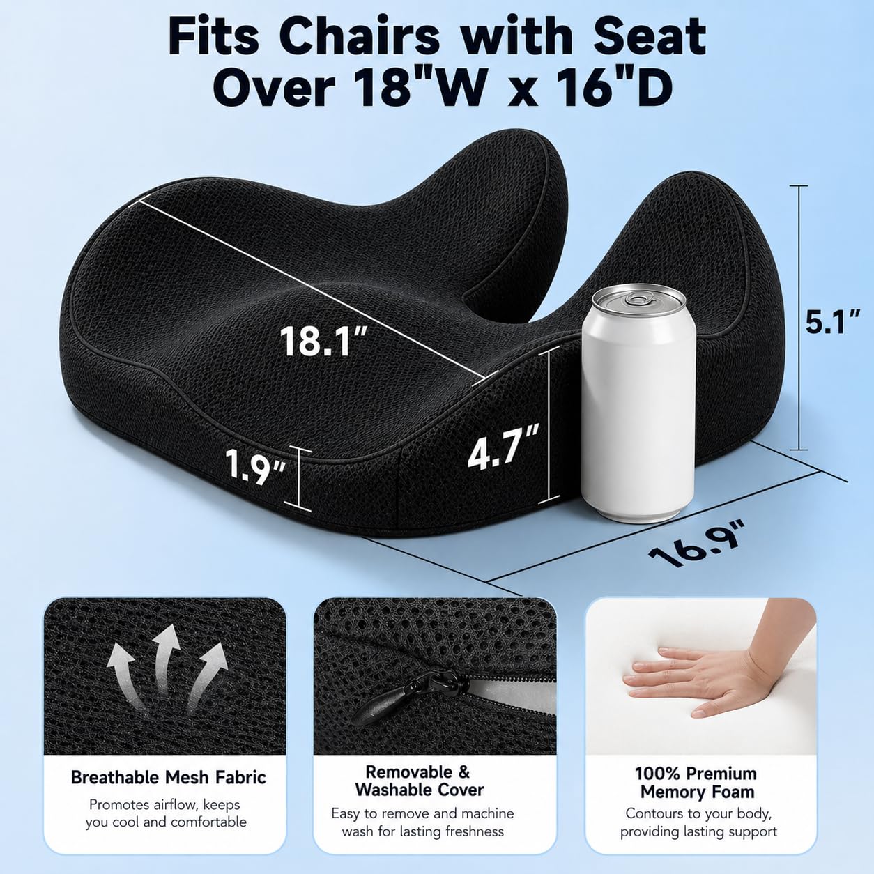 CXC Tailbone Pain Relief Seat Cushion, Coccyx Memory Foam Cushion for Sciatica & Pressure Relief, Ergonomic Seat Pad for Office Chair, Car & Wheelchair, Non-Slip (Black - Breathable Mesh)