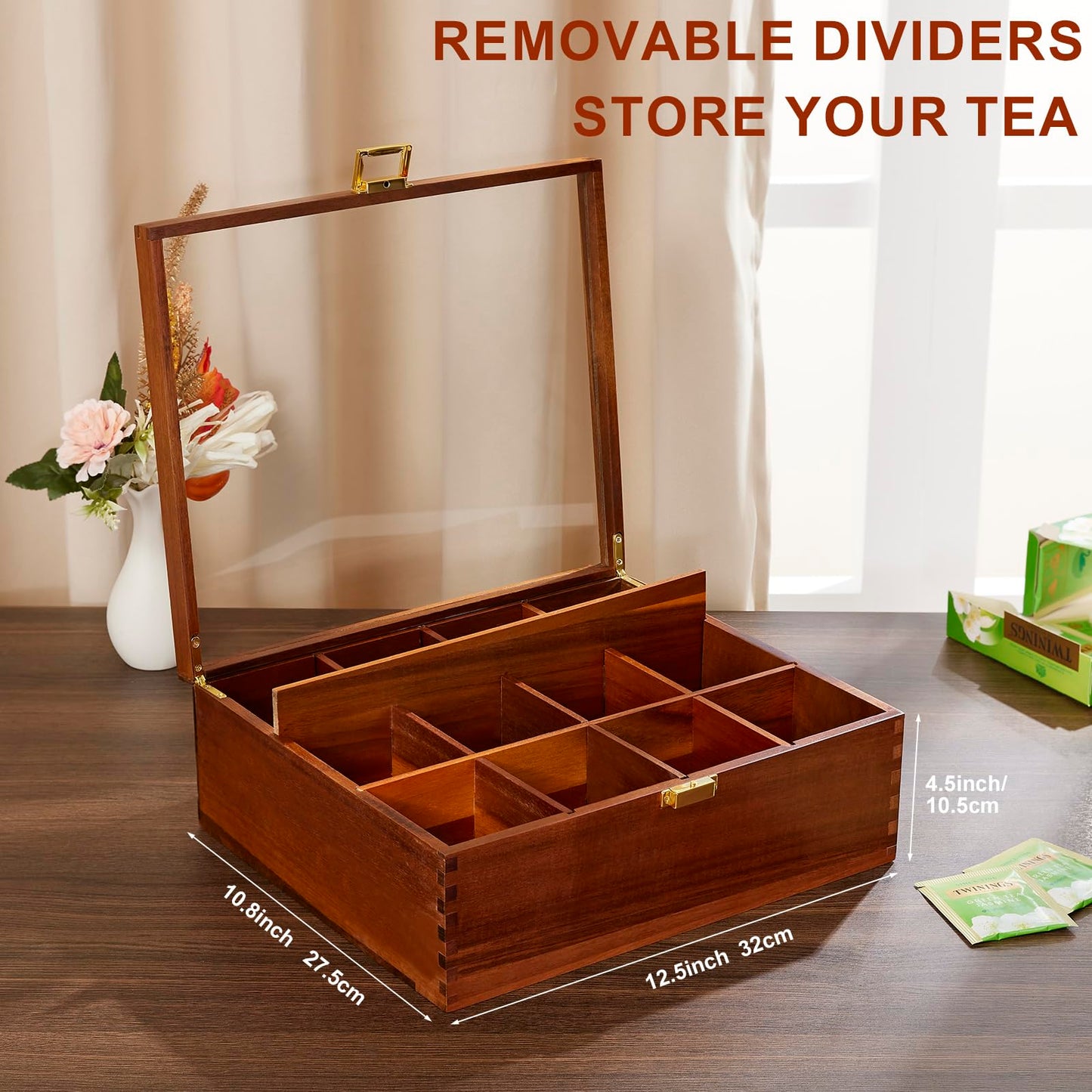HouseJoy Tea Bag Organizer, Acacia Wood Tea Storage Box, 12 Compartments Tea Bags Storage Drawer with Clear Glass Window, Tea Bag Holder for Countertop Kitchen Cabinet Pantry - Keeps Tea Bags Fresh