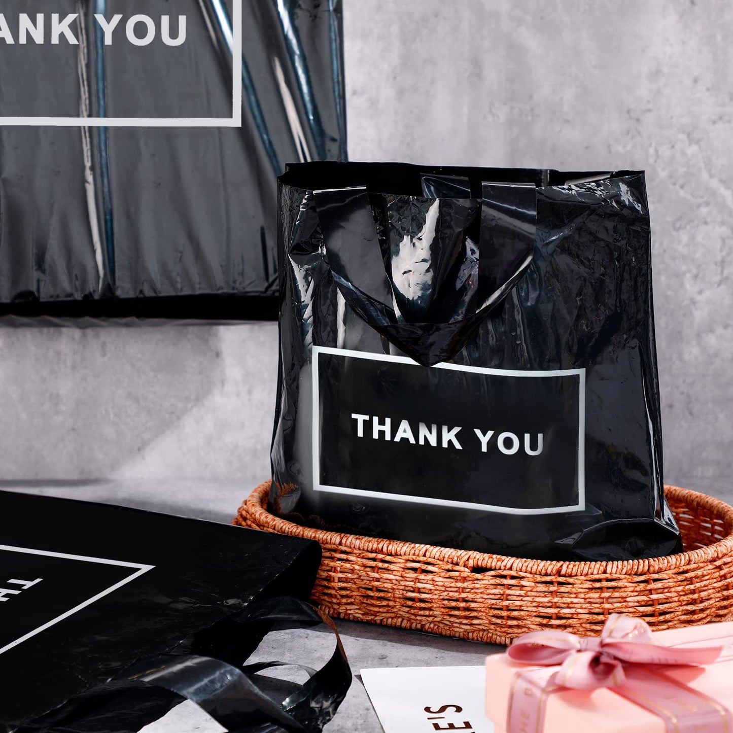Teling 200 Pcs Thank You Plastic Bags Bulk Thank You Merchandise Bags for Wedding Business, 9 x 12'', 12 x 15'', 15 x 18''(Black)