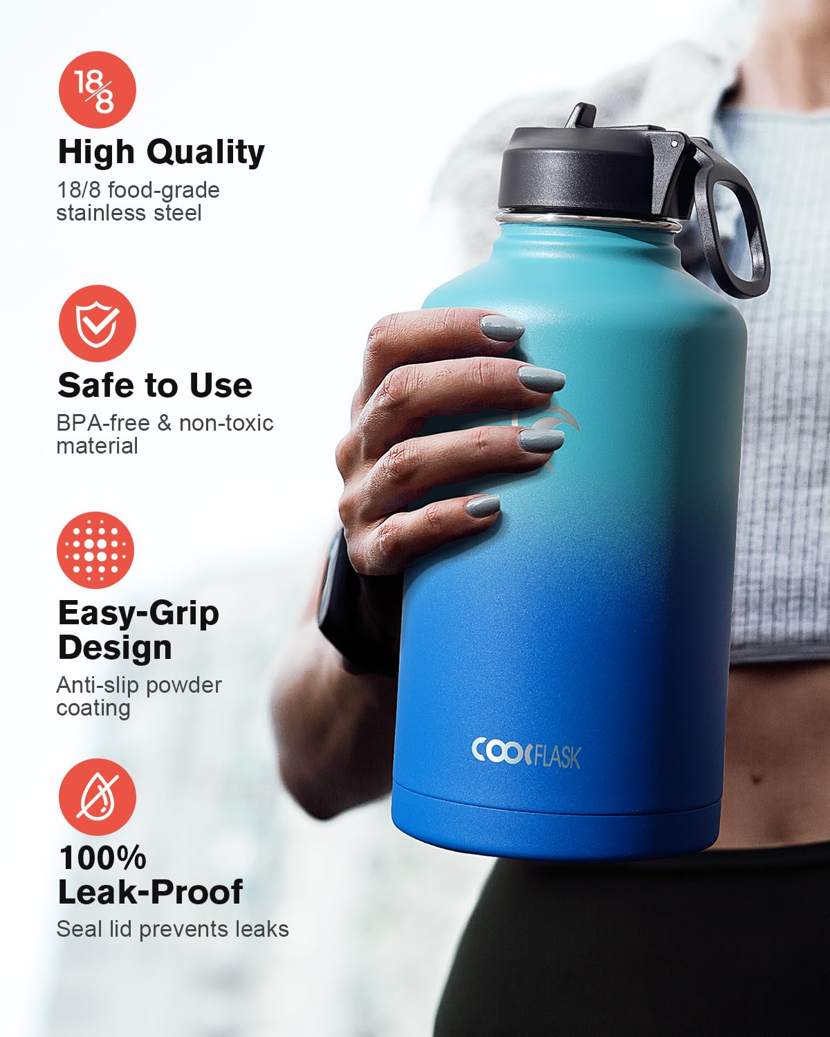 Coolflask Half Gallon Water Bottle Insulated with Straw & 3 Lids, 64 oz Water Jug Large Metal Stainless Steel Wide Mouth for Sports, Gym or Office, Non-BPA Keep Cold 48H Hot 24H, Indigo Blue