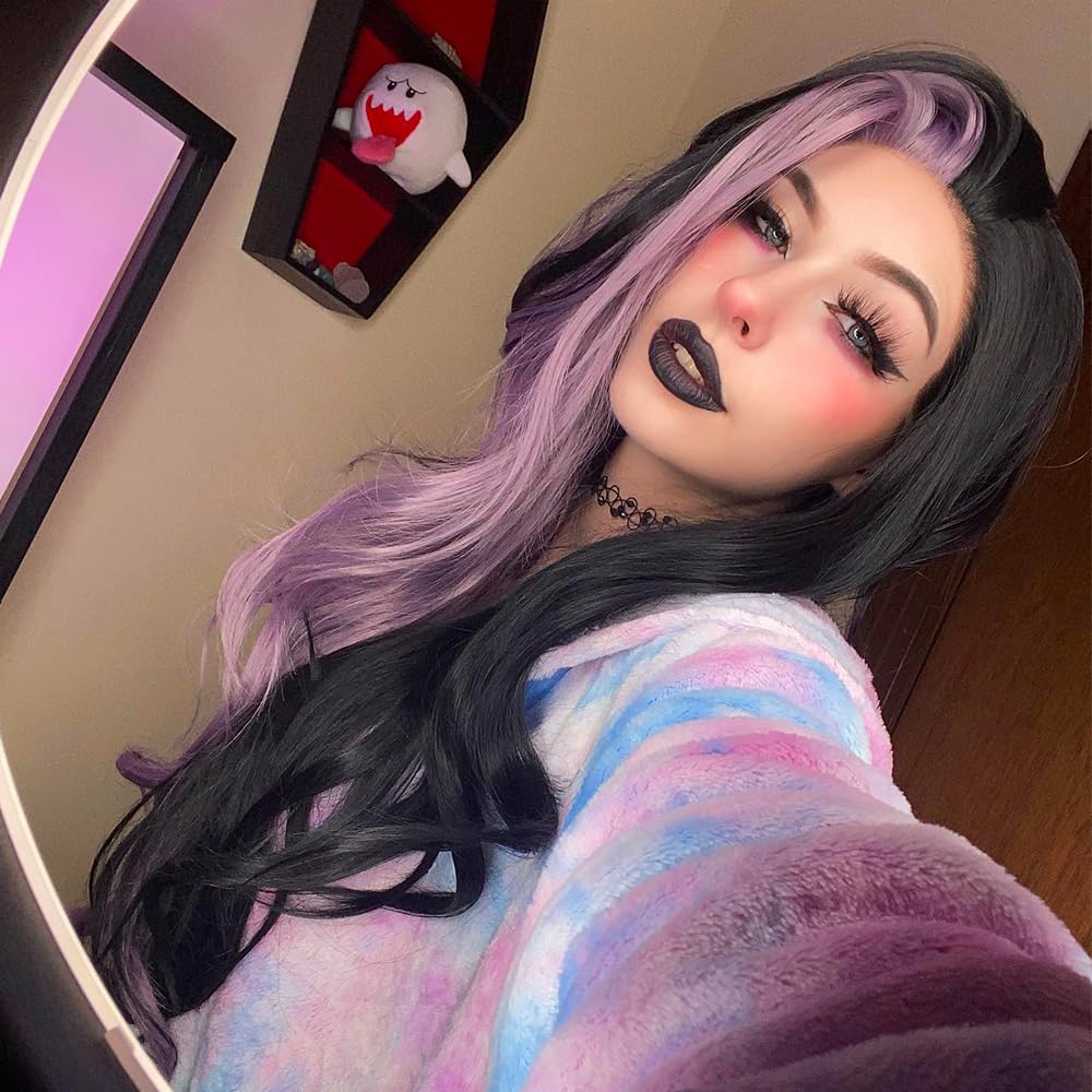 ZHYWIGS Synthetic Lace Front Wigs Long Highlight Purple Black Split Hair Heat Resistant Half Black Purple Side Part 24Inch Long Party Wigs