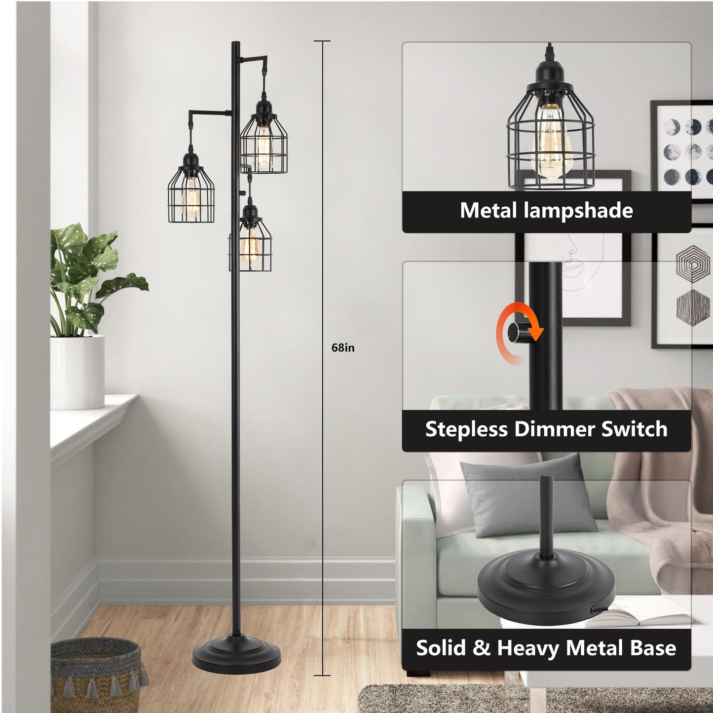 9MMML Floor Lamp for Living Room, Farmhouse Industrial Dimmable Floor lamp,3 Lights Metal Cage Tree Standing Lamp,68", 3Pcs Led Bulbs Included