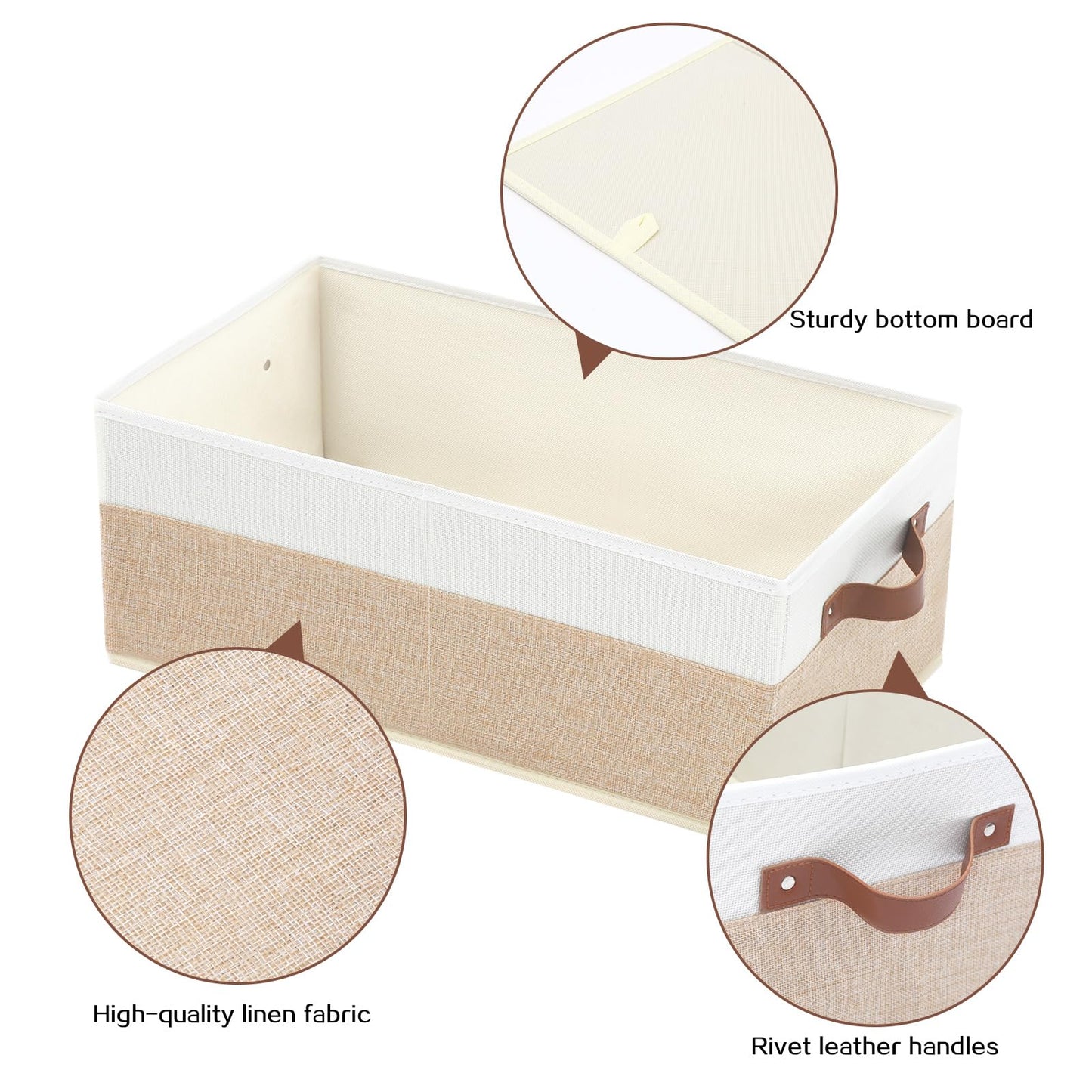 6 Pack Fabric Storage Bins, Large Storage Baskets for Shelves, Foldable Closet Organizer Storage Boxes with Leather Handles for Clothes, Sheets, Jeans, Toys, Books (Beige and White)