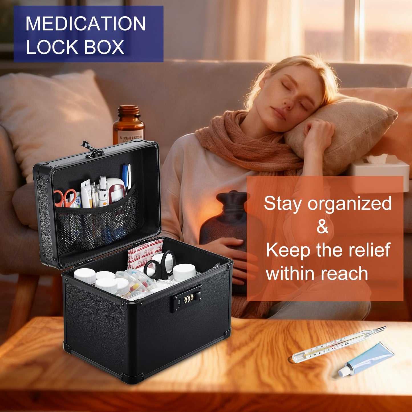Lockable Security Storage Box - Shiny Black Safe Combination Lock Box, Cabinet Med Organizer, 10 x 7 x 7.9 Inches Safe Case for Documents, Valuables, Medicine & Money