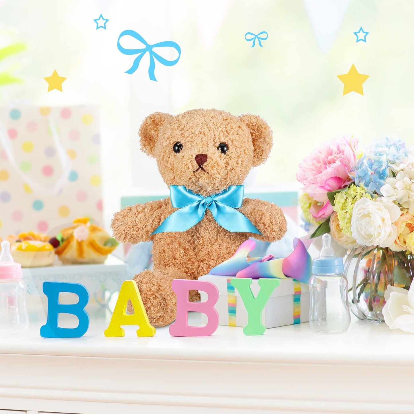 Kathfly 12 Pcs Valentine‘s Day Mini Stuffed Bears Bulk 10 Inch Small Plush Bears Bulk Cute Animal with Ribbon Bow Toy Gift for Birthday Wedding Party Valentine‘s Day Brown White(Blue)