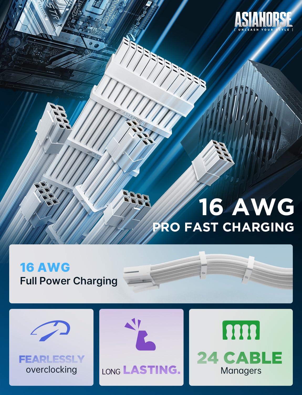 AsiaHorse Power Supply Sleeved Cable, 16 AWG PSU Extension Cable Kit of White Connector, 1x24Pin/2x4+4 EPS/3x6+2 PCI-E, 30cm Length with Combs-White