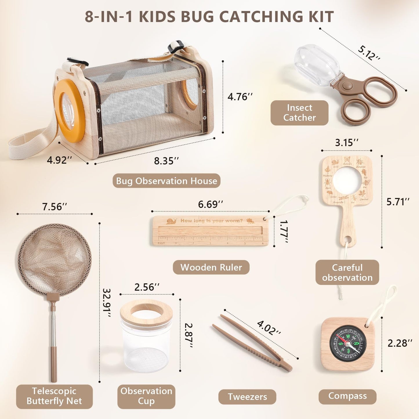 Macabaka Wooden Bug Catcher for Kids, 8-in-1 Insect Exploration Set with Butterfly Net, Magnifying Glass, Bug Habitat, Tweezers, Compass,Outside Toys for Toddlers