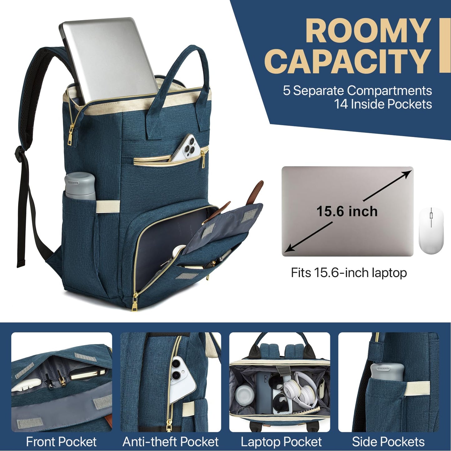 aocrin Lunch Backpack, 15.6 Inch Laptop Backpack with USB Port, Stylish Nurse, Teacher and Work Bag with Insulated Cooler Lunch Box for Women, Blue