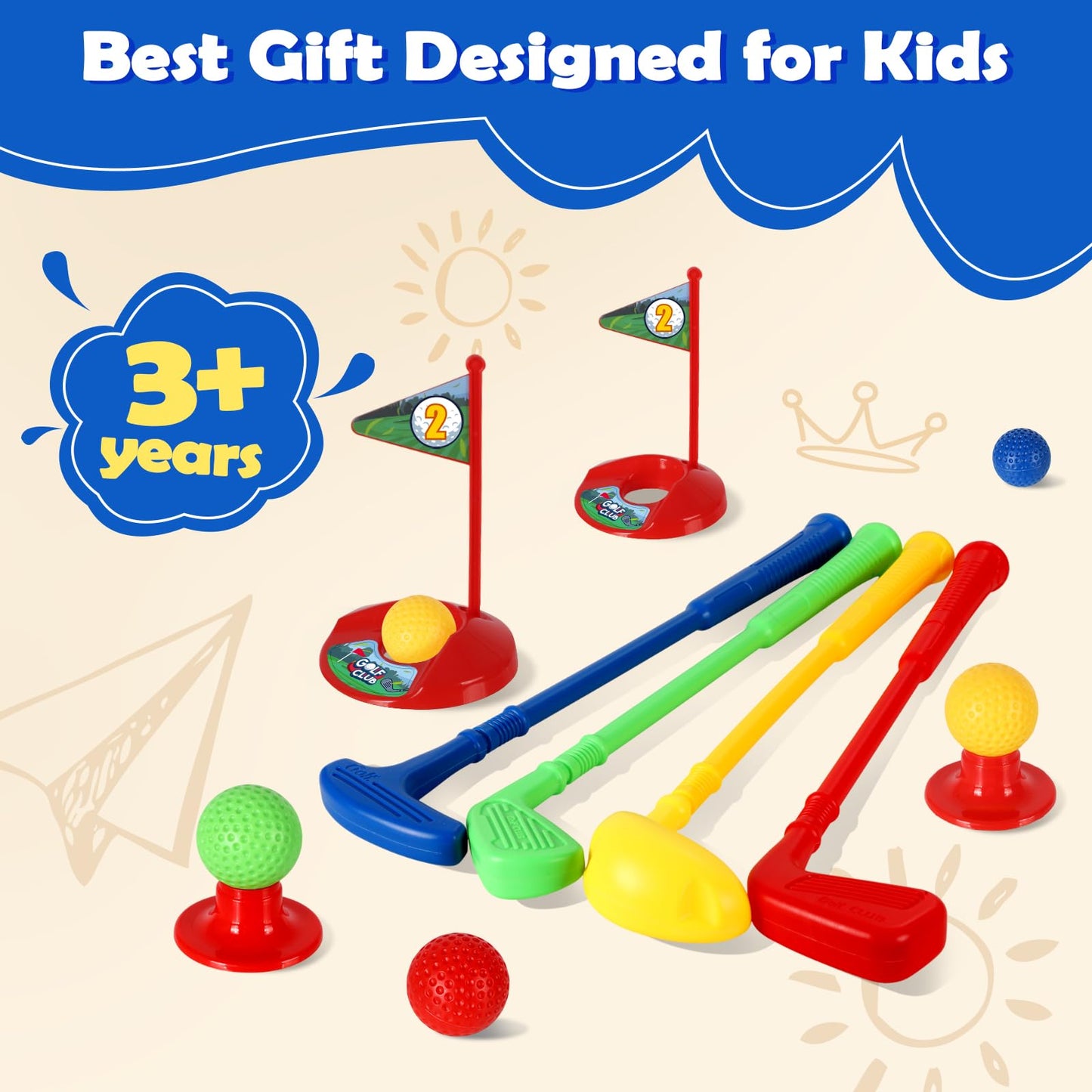 SUPER JOY Toddler Golf Set with Mat, Kids Golf Cart with 4 Clubs & 8 Balls, Indoor Outdoor Golf Toys for Boys Girls, Mini Golf Gifts for Baby 3-5 Years Old