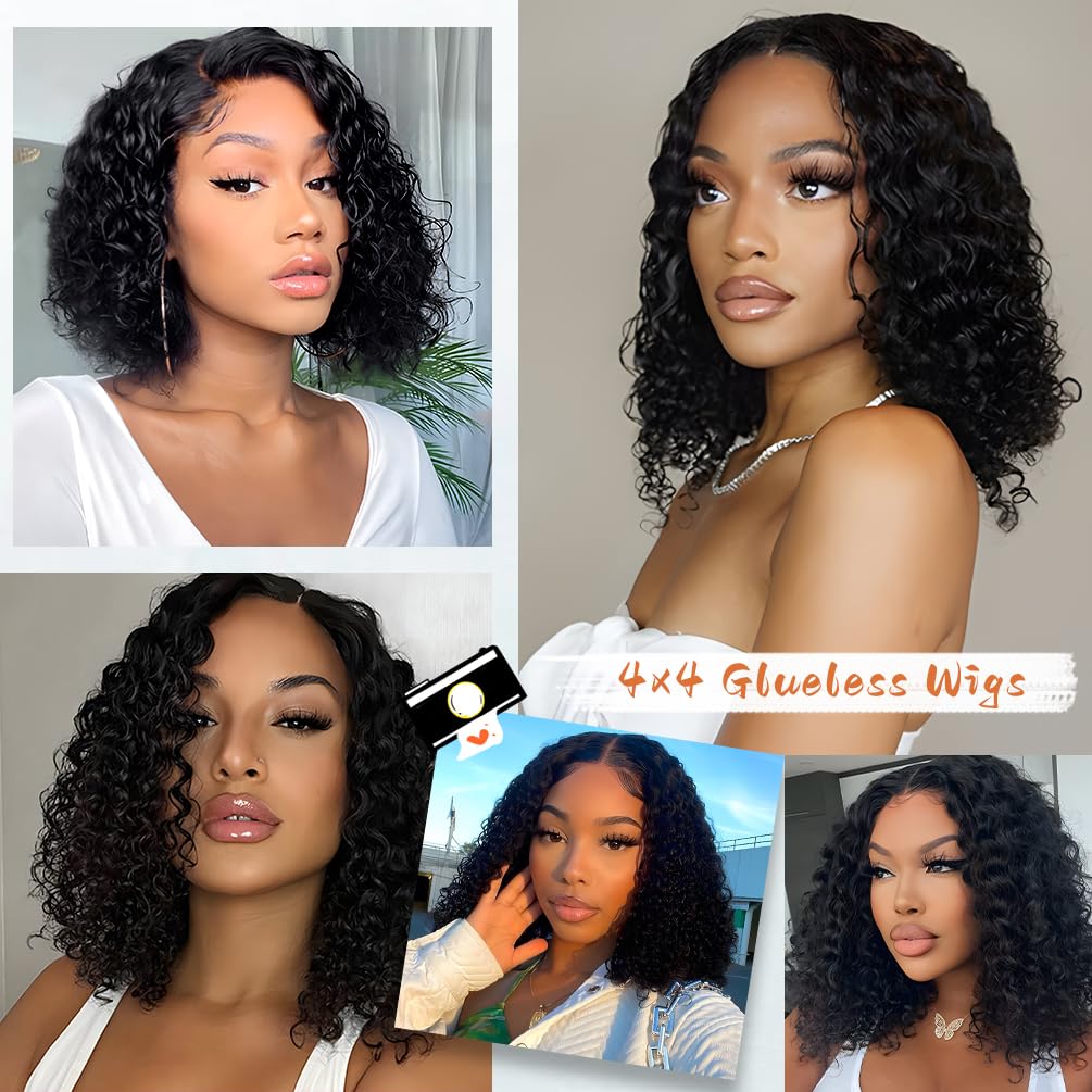 Glueless Wigs Human Hair Pre Plucked Pre Cut, Short Curly Deep Wave Lace Front Wigs Human Hair, 180% Density Wear and Go Glueless Bob Wig Human Hair for Women 10 Inch Natural Black