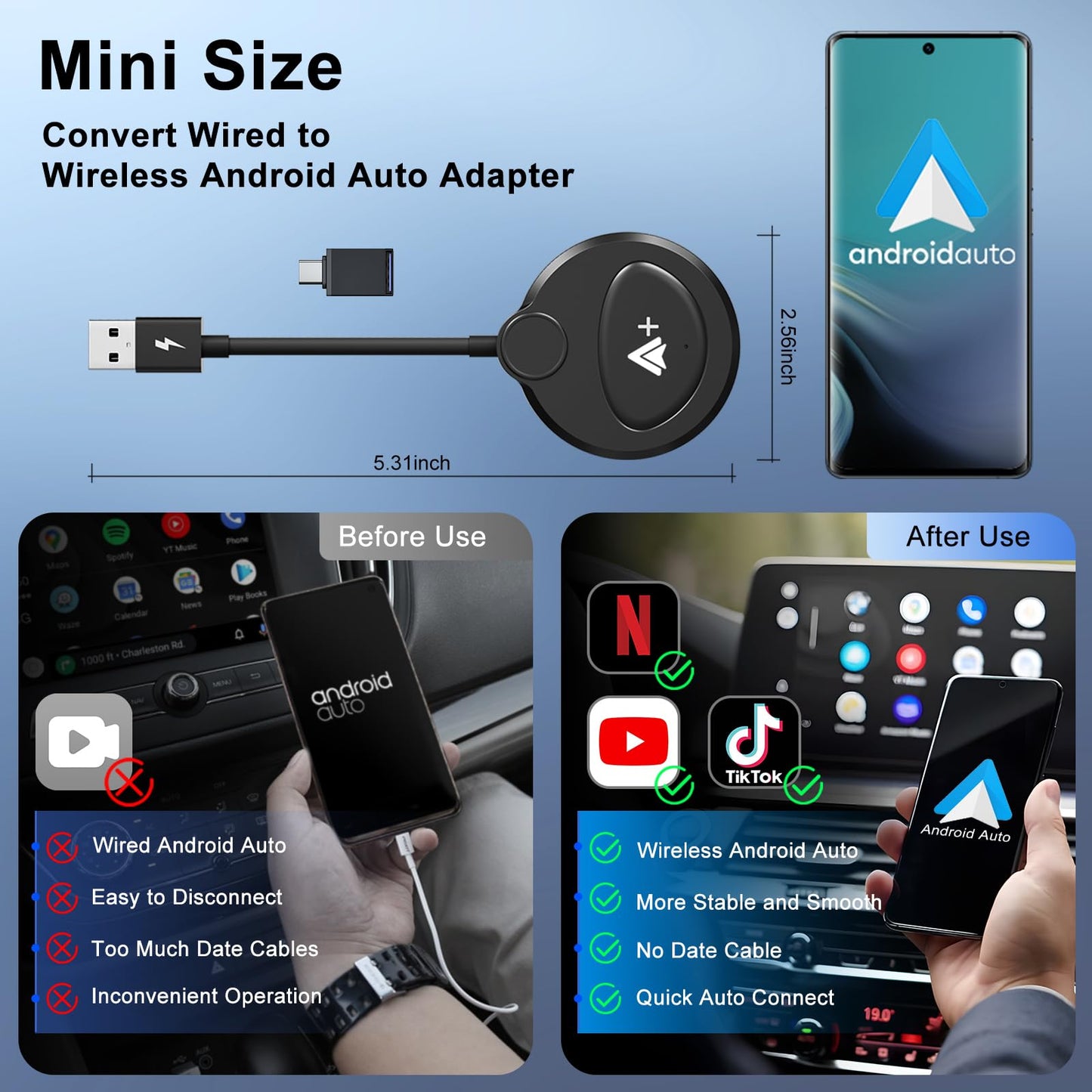 Android Auto Wireless Adapter Support Netflix YouTube Tiktok, Latest Wireless Android Auto Car Adapter for Factory Wired Android Auto to Wireless, Low Latency and Easy to Install