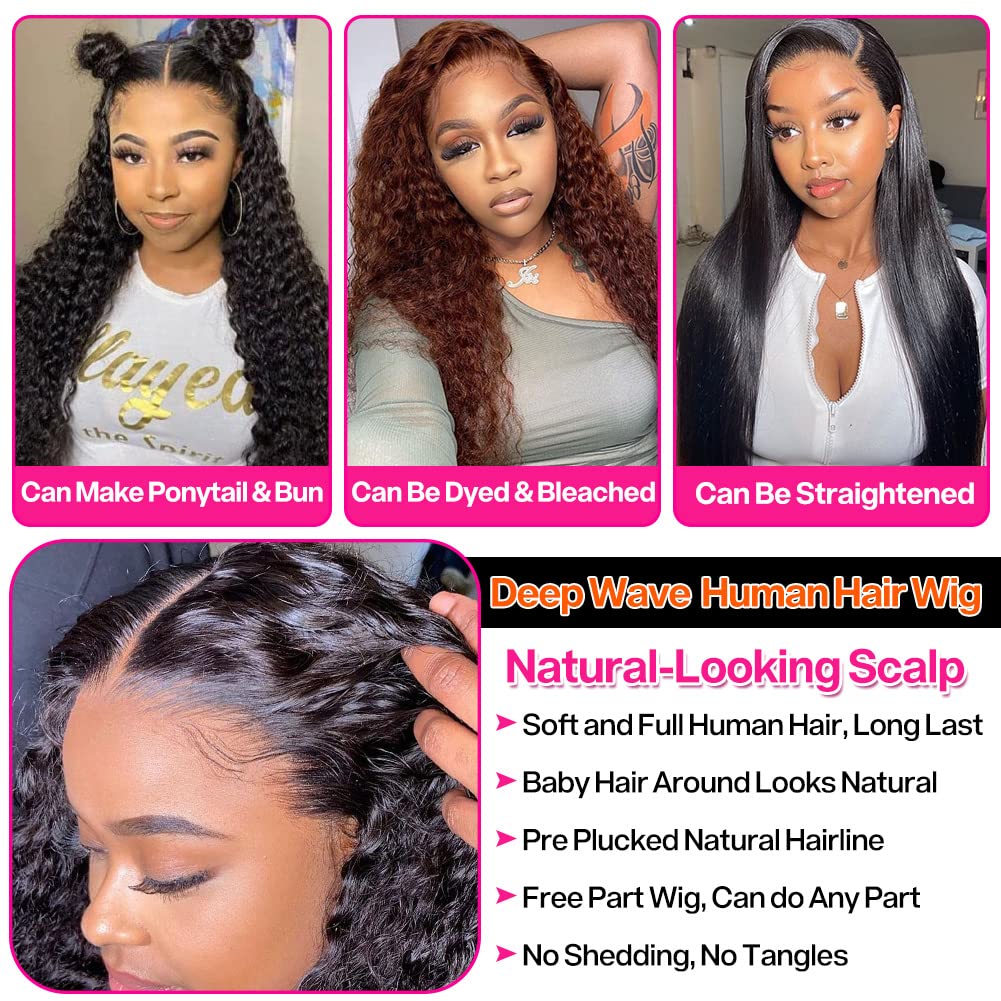 180 Density 13x4 HD Lace Front Wigs Human Hair Pre Plucked with Baby Hair Transparent Glueless Brazilian Deep Wave Frontal Wigs for Women Natural Black Color