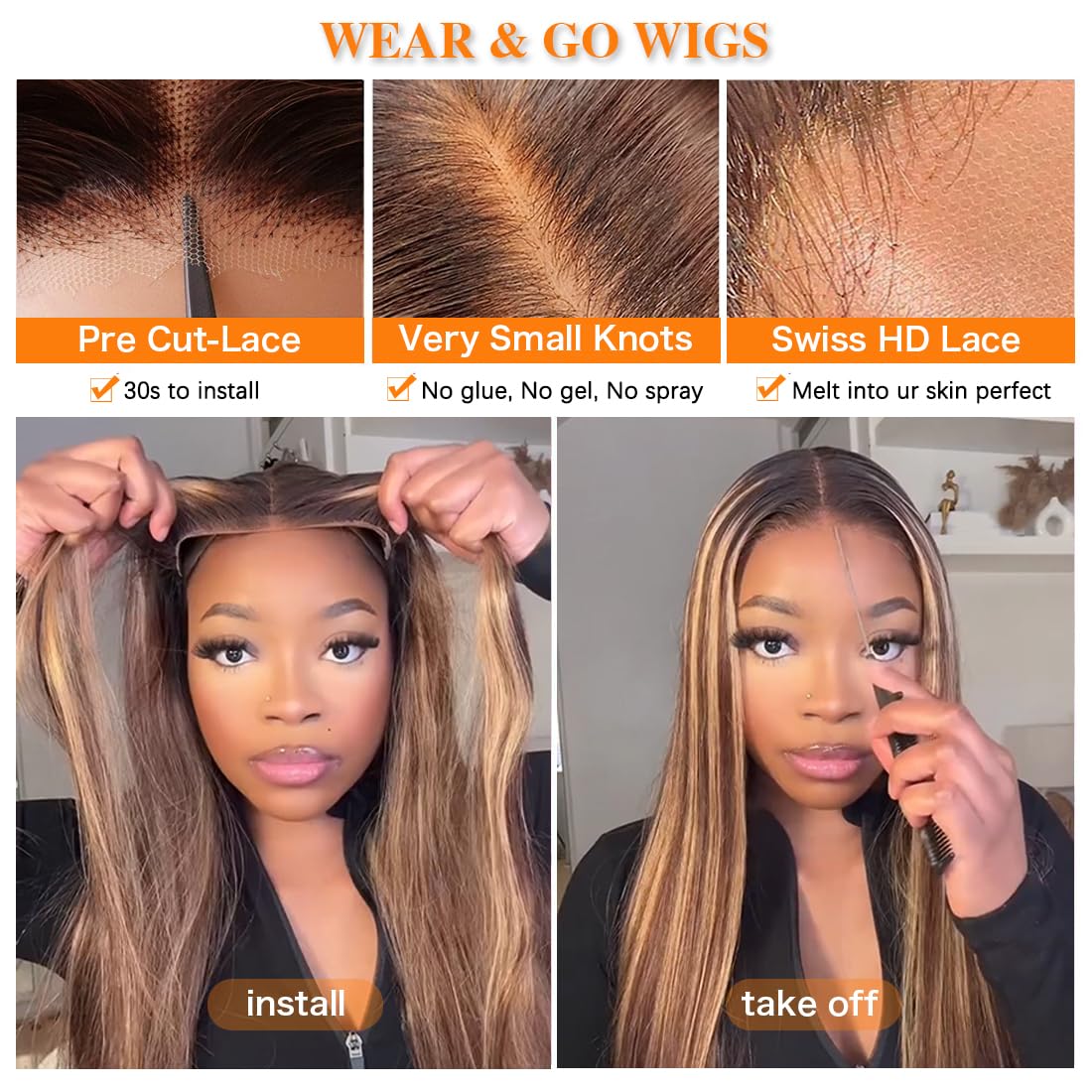 Straight Highlight Wig Wear and Go Glueless Wig Human Hair Pre Plucked Pre Cut 6x4 HD Lace No Glue 4/27 Ombre Highlight Lace Closure Wig 180 Density Colored Human Hair Wig for Beginners Wig 22 Inch