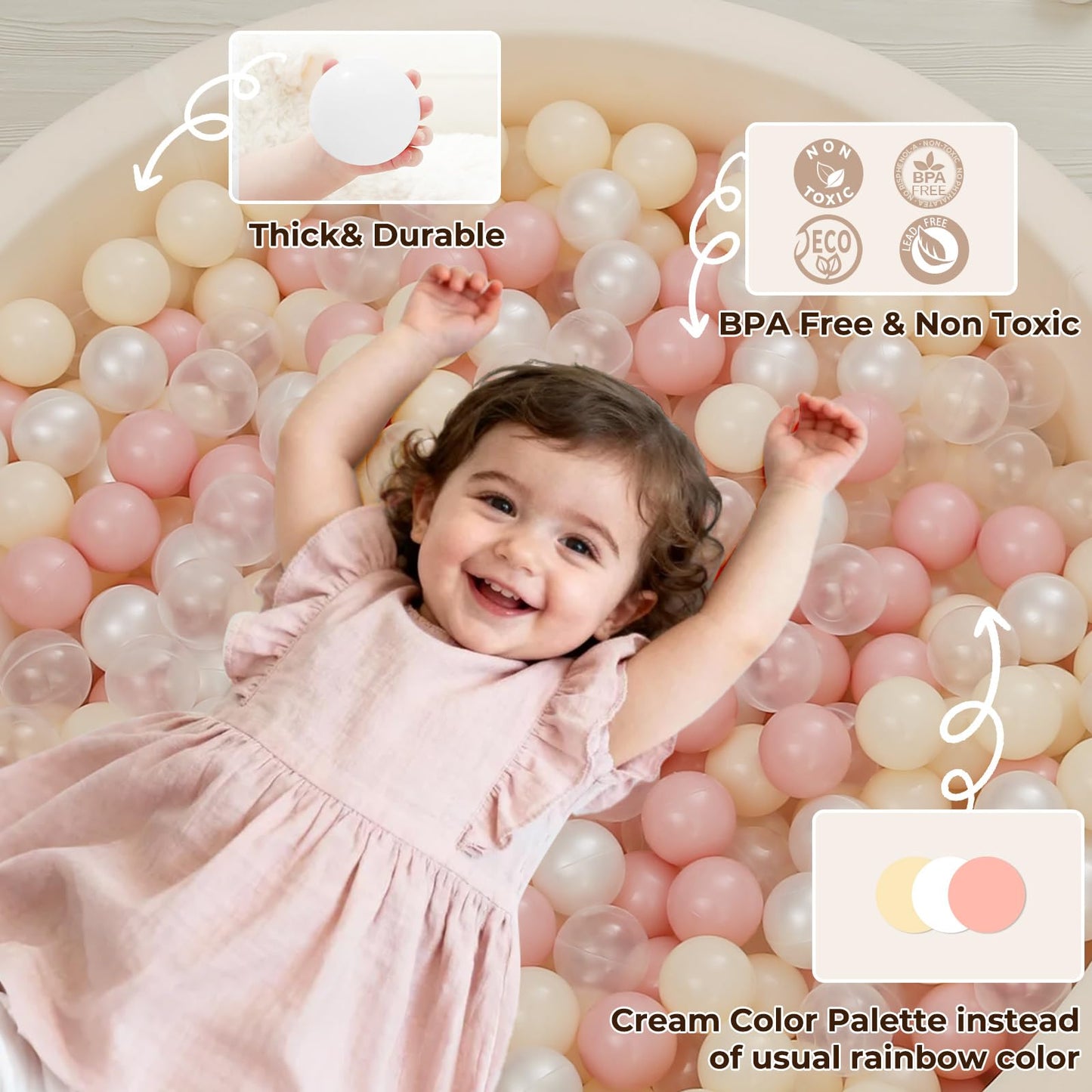 TRENDPLAY Plastic Balls for Ball Pits - Pack of 100 Hollow Balls- Safe and Exciting Playtime - Perfect for Toddler Baby Pools,Party,Festival Decoration, Pink+Beige+ Pearl White