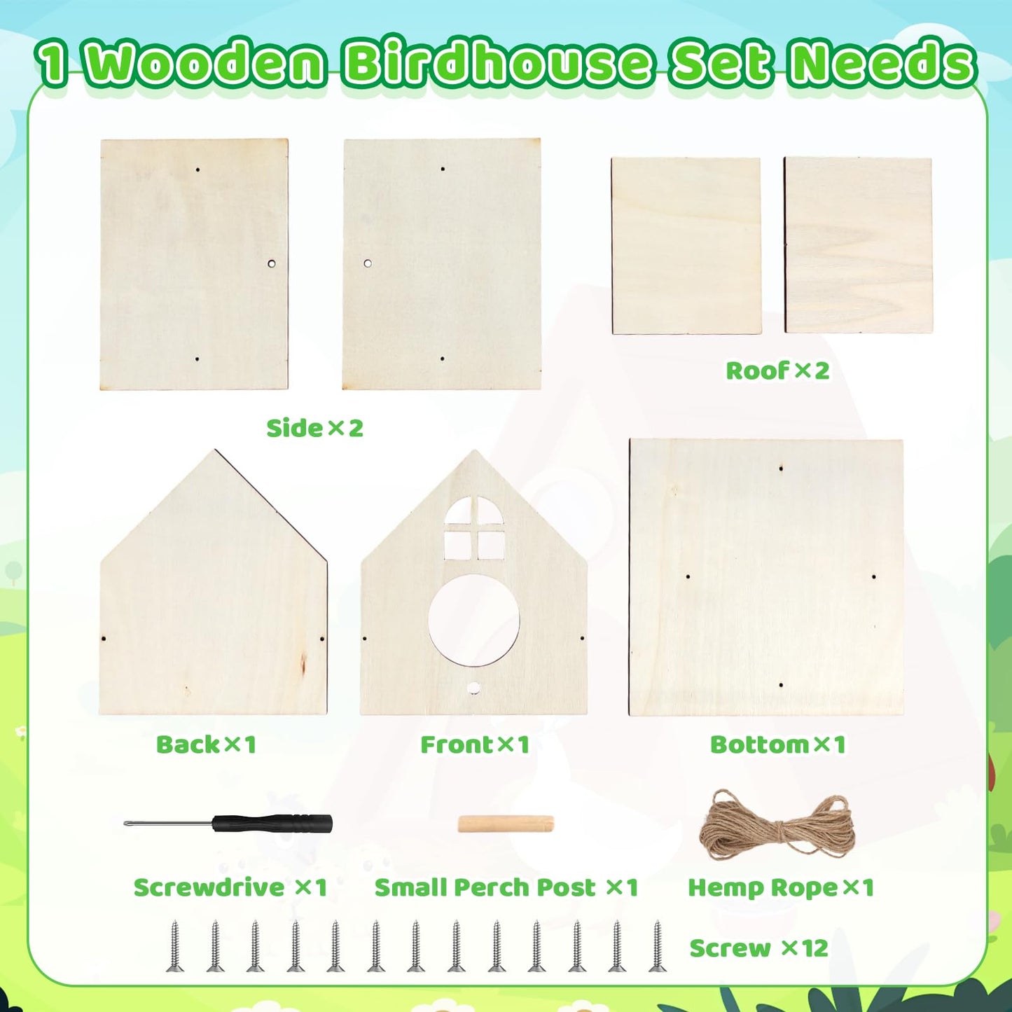 Entallor 6 Pack Wooden DIY Birdhouse Kit, Thickened Wood Bird Home for Kids Adults All-in-One Bird Crafts with Screwdrivers, Nails,Hemp Ropes for Backyard Indoor Outdoor