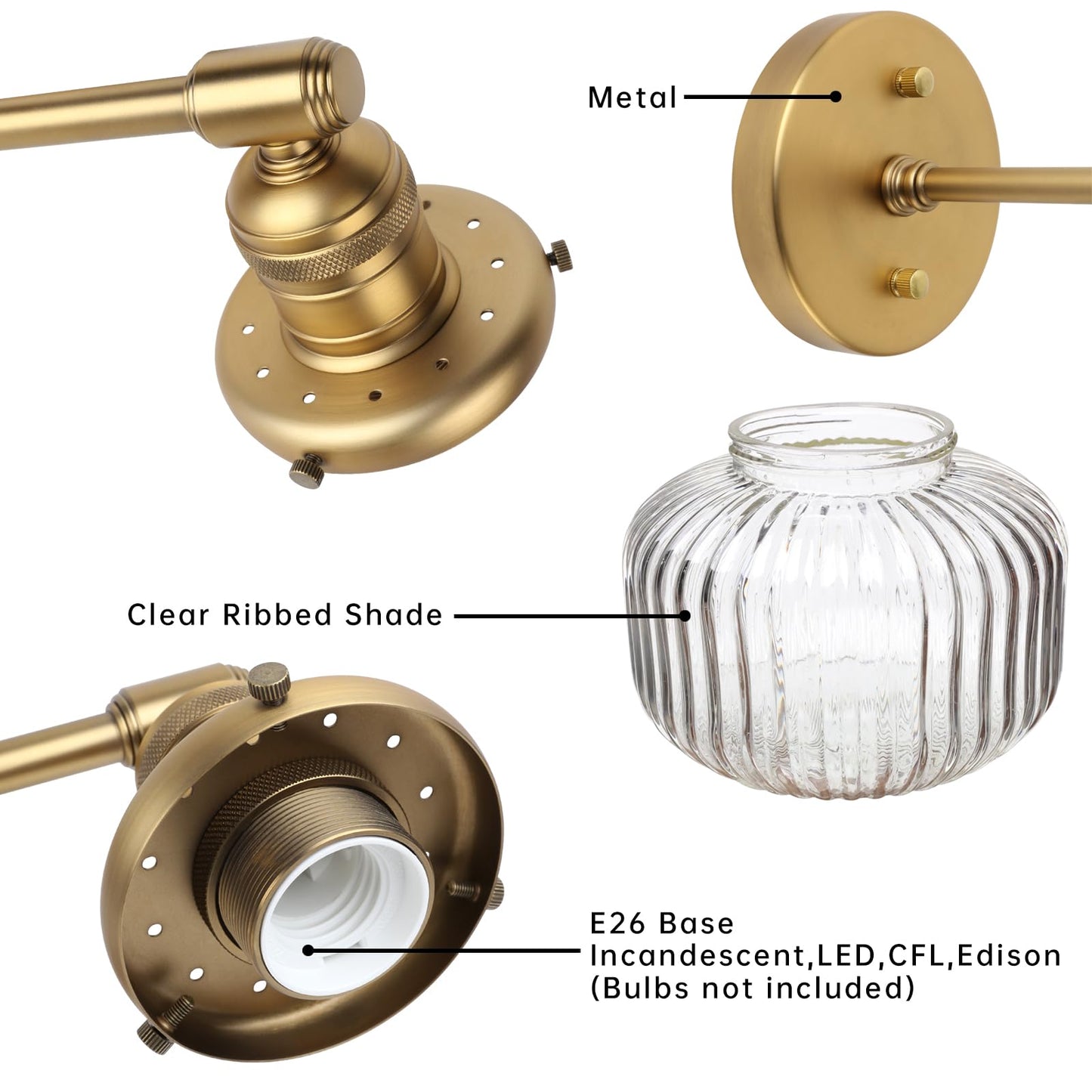 JIMUBEAM 2-Lights Industrial Glass Wall Sconces, Antique Brass Clear Striped Globe Shade Wall Light Fixture for Bathroom Vanity, Bedroom, Dining Room, Living Room, Farmhouse, Stairs