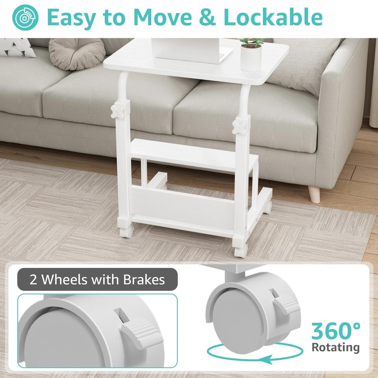 WINAZ Small Bedroom Laptop Rolling Desk - 24" White Mobile Kids Desk with Wheels for Small Spaces, Height Adjustable C Shaped Side Table with 2-Tier Storage Shelves