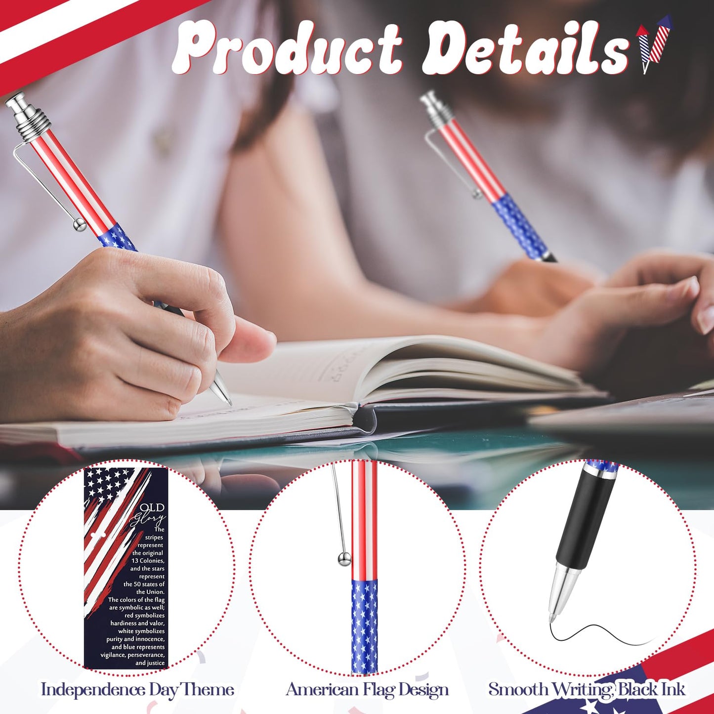 Motiskyy 100 Sets Patriotic 4th of July Gifts American Flag Ballpoint Pens Bulk Independence Day USA Pen with Bookmarks 250th Anniversary Party Favors for Home Office Veterans Souvenirs Supplies