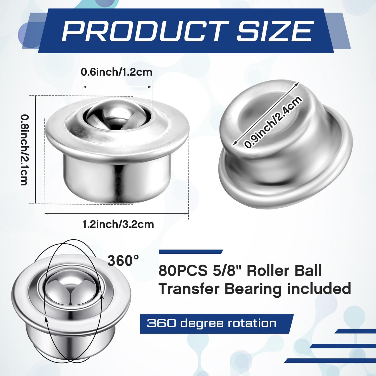 Gisafai 80 Pcs 5/8" Roller Ball Transfer Bearing Ball Transfer Bearing Casters Carbon Steel 360 Rotation for Conveyor Roller Stand Table, Load 44lbs