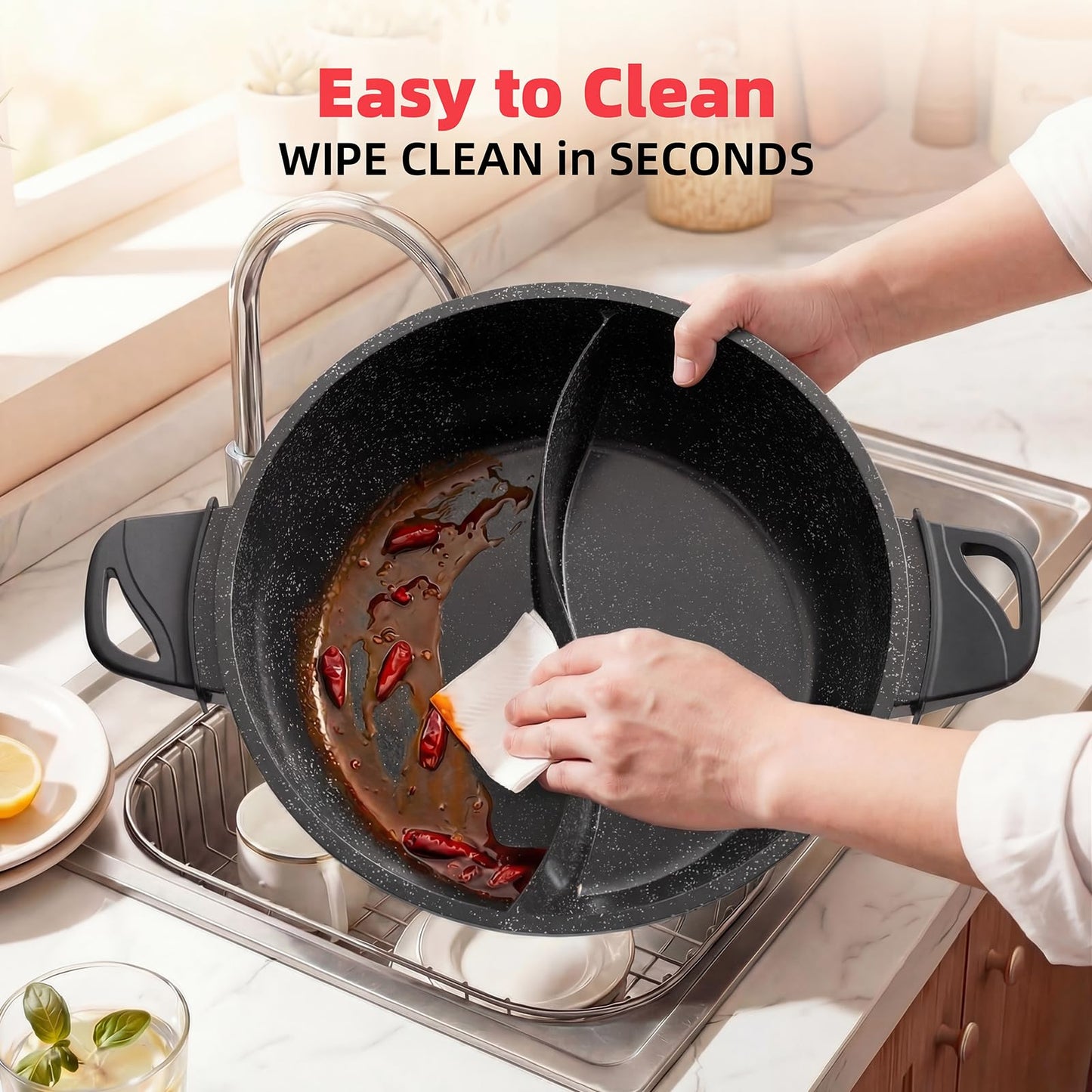 SENSCHEF TWIN™ Electric Hot Pot with Divider | EvenHeat Cast Aluminum Non-Stick Pot for No-Spot Cooking | 1500W Fast Heating | Dual-Flavor Shabu Shabu Pot for | 1-Yr Warranty | Granite Black