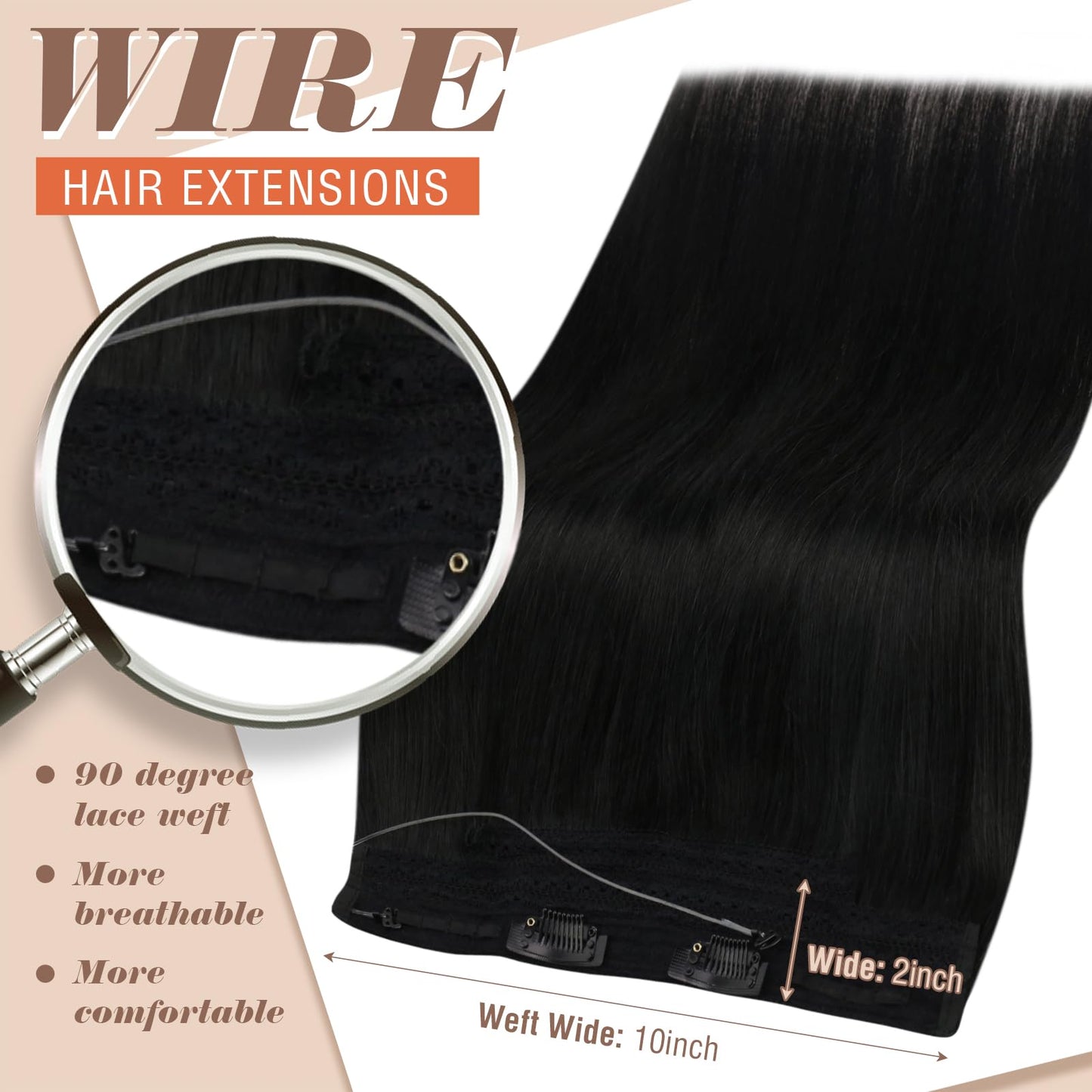 Sunny Wire Hair Extensions Real Human Hair Fish Line Human Hair Extensions Invisible Wire Extensions Jet Black #1 12 Inch