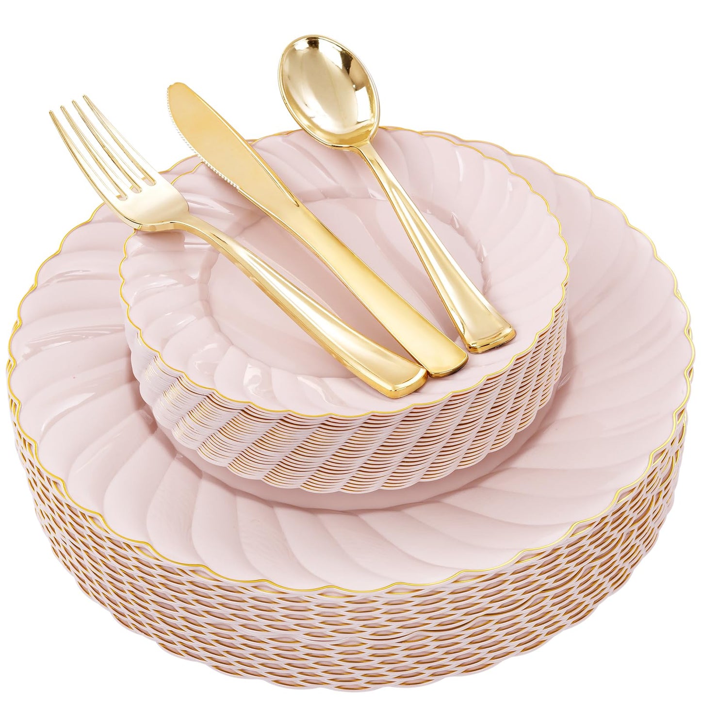 YOUBET 125Pieces Pink Plastic Plates with Gold Rim-Gold Plastic Silverware Include 25 Dinner Plates 25 Dessert Plates 75 Gold Silverwares for Wedding Birthday & Parties