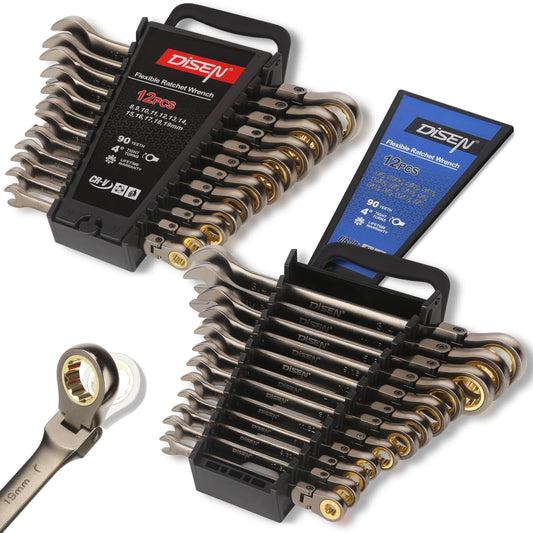 DISEN 24pcs 90-Teeth Ratchet Wrenches Set, Flex Head Ratcheting Wrench Set Metric 8MM-19MM and SAE Wrenches 1/4 Inch-3/4 Inch, Nickel Plating Cr-V Constructed with Organizer Rack