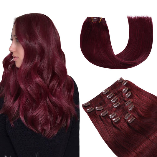 YILITE Hair Extensions Clip in Human Hair 100% Remy Real Hair 110g 8Pcs Burgundy Straight Silky Hair Double Weft Clip ins Hair extensions for Women (14inches #99J Burgundy)
