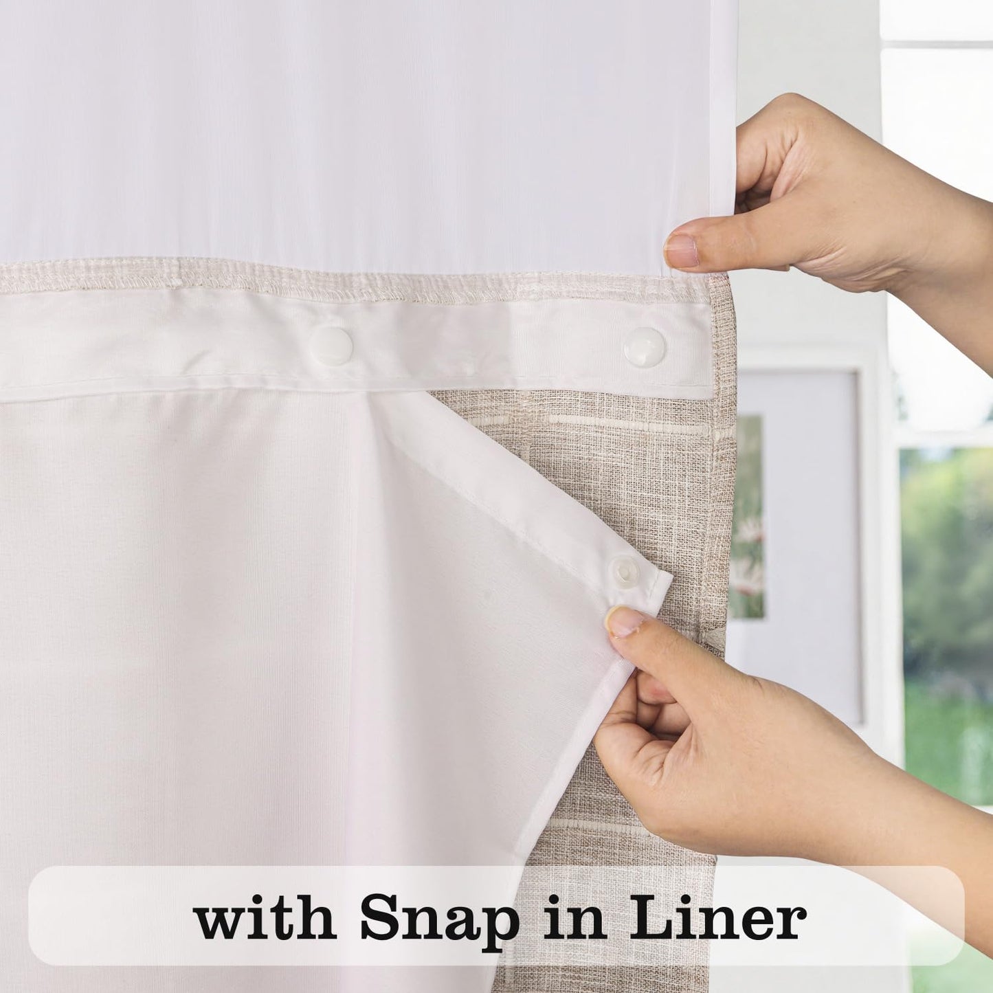 Farmhouse Shower Curtain with Snap-in Liner,No Hooks Needed, Fabric Shower Curtains with Tassels for Rustic Bathroom Decor,with Window,with Magnets,Water Repellent&Machine Washable,Linen,71x80Inch