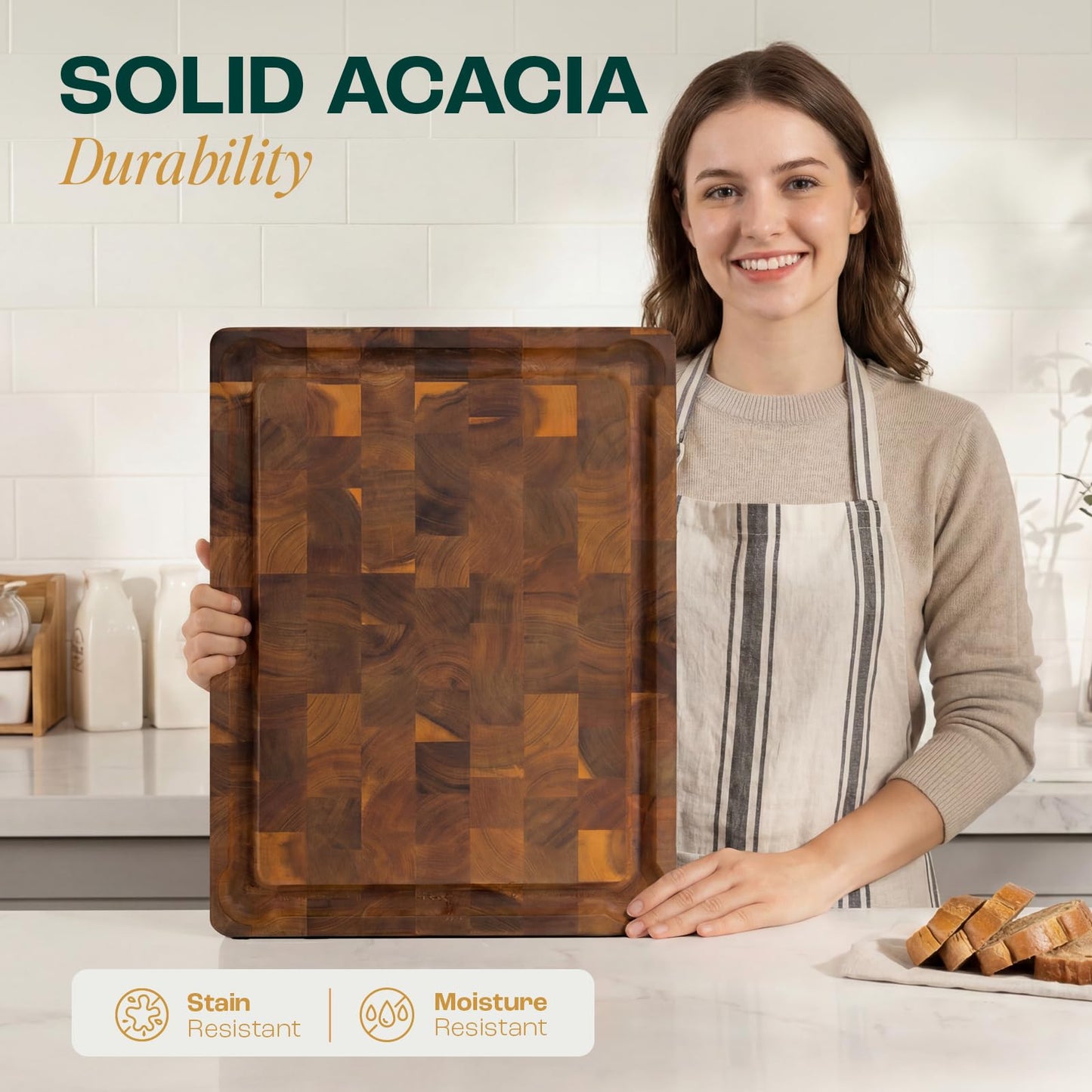 Yes4All Durable Acacia Cutting Boards for Kitchen, [17''Lx13''Wx1.5” Thick] Medium End Grain Cutting Board, Pre Oiled Wood Cutting Boards, Thick Chopping Board w/Juice Grooves and Easy Grip Handle
