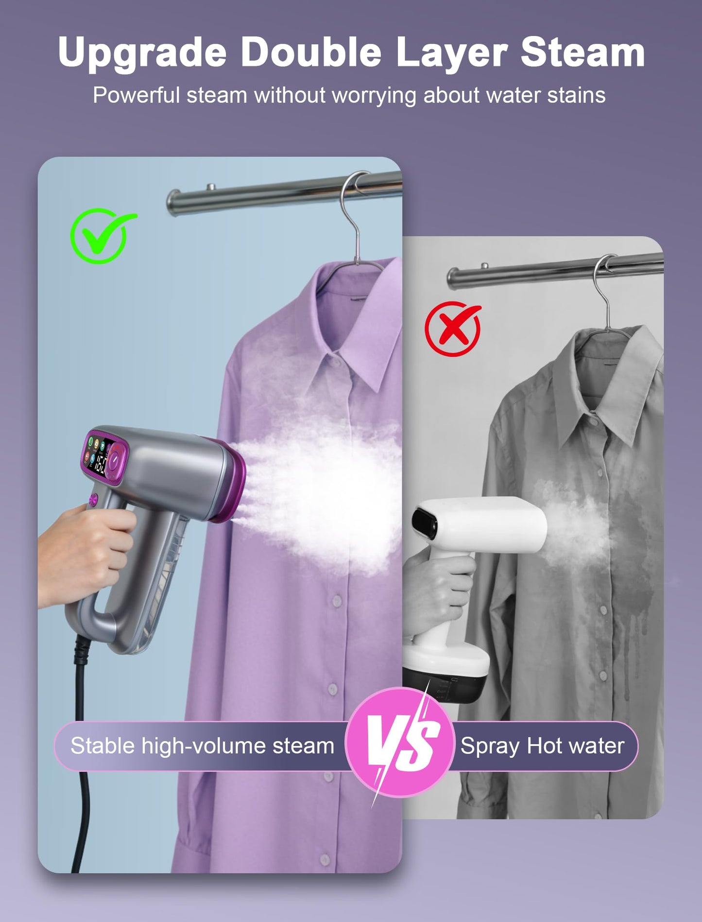Garement Steamer for Clothes,Travel Steamer for Clothes,2 in 1 steamer and iron,160ml Large Water Tank Portable Steamer for Clothes,6 Steam Mode&Dual-Layer Heated Steam Plate,120V for Home(Purple)