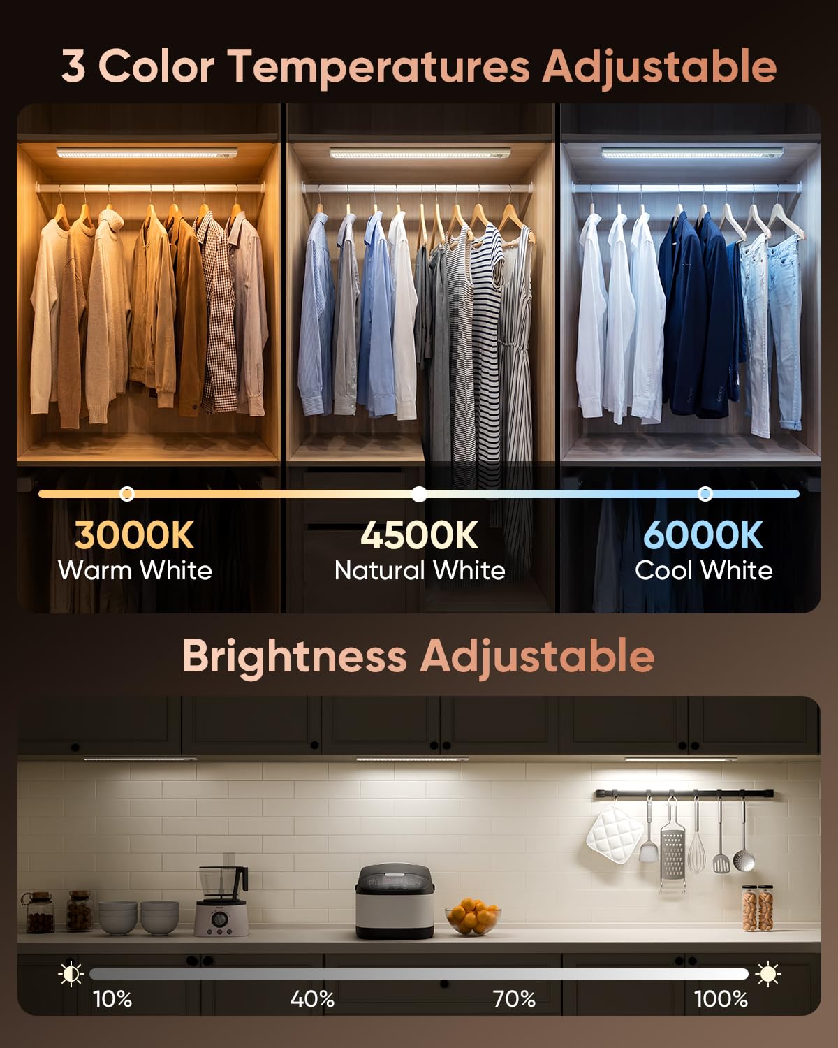 16inch Under Cabinet Lighting, 216LED Motion Sensor Light Indoor, Rechargeable Closet Lights, 3 Color Temps, Dimmable, Wireless Under Counter Lights for Kitchen, Stairs, Pantry, 4 Pack