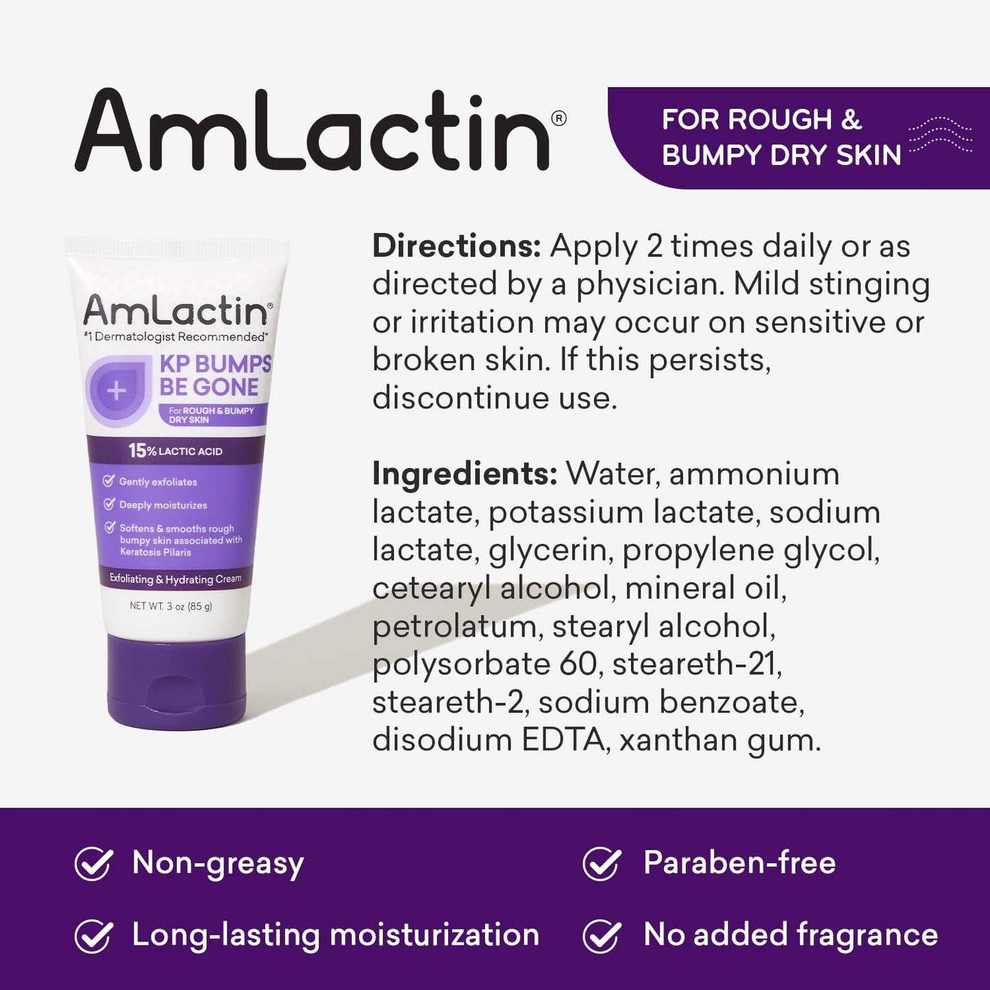 AmLactin KP Bumps Be Gone - 3 oz Keratosis Pilaris Moisturizing Cream with 15% Lactic Acid - Exfoliator and Moisturizer for Dry, Rough and Bumpy Skin, Pack of 2 (Packaging May Vary)