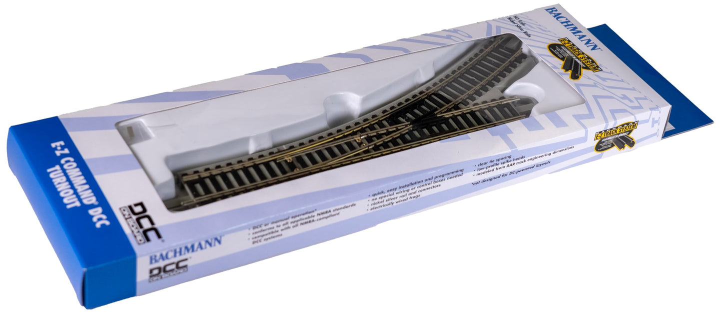 Bachmann Trains - E-Z COMMAND DCC EQUIPPED TURNOUT – LEFT - NICKEL SILVER E-Z TRACK With Grey Roadbed - HO Scale, Medium