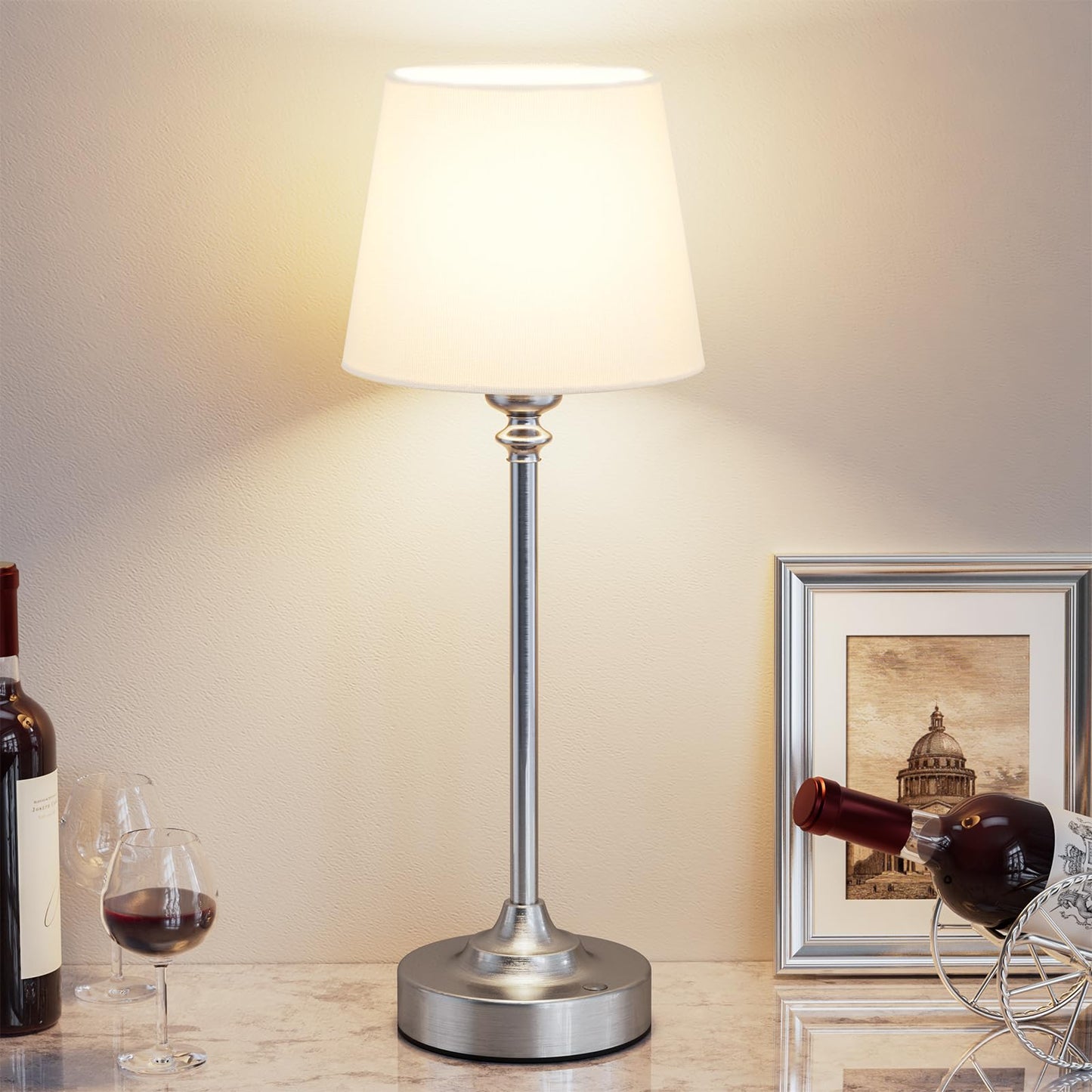 Kakanuo Cordless Table Lamp Rechargeable Silver - 1 Pack 4000mAH Battery Operated Lamp for Decor, 3000K Stepless Dimming Touch Control Wireless Lamp for Bedroom, Dining Table, Counter, Living Room