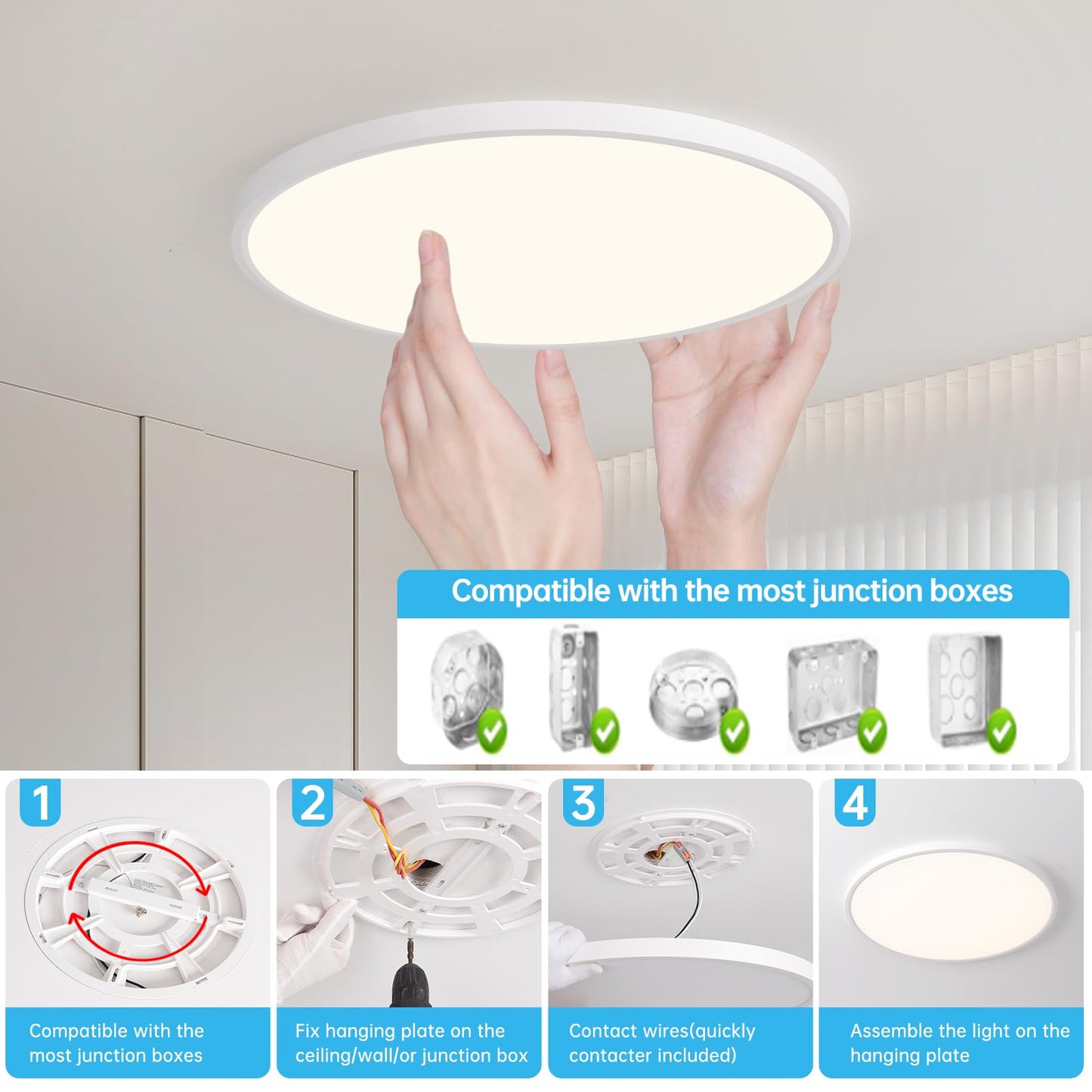 Stkzenod 24 Inch Large LED Flush Mount Ceiling Light Fixture,55W,5600LM,3000K/4000K/6000K CCT Selectable,0.9 inch Super Slim Round Ceiling Light for Bedroom,Hallway,Kitchen (Dimmable White 1PK)