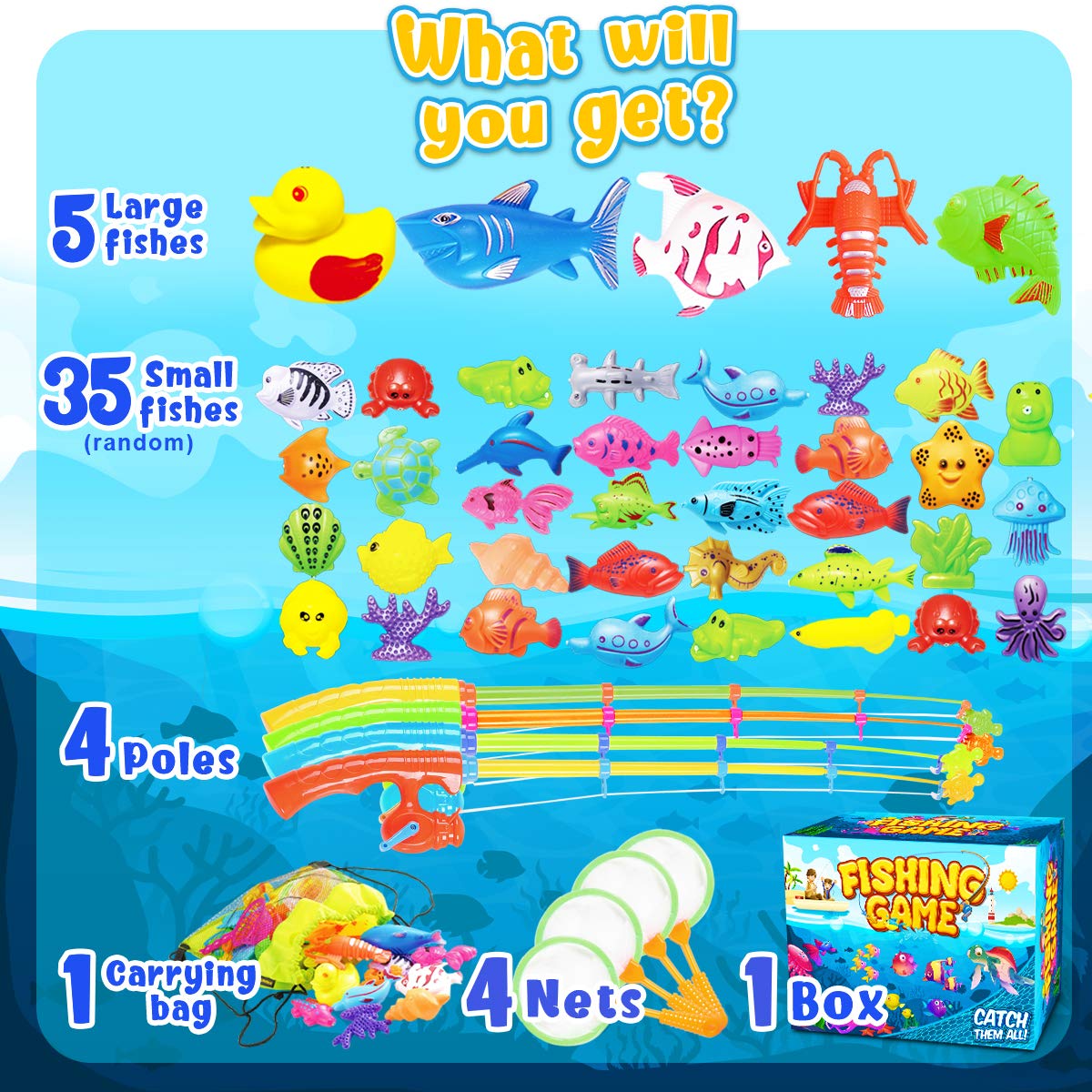 Goody King Fishing Toys for Kids Ages 3+ Pool Fishing Toys Magnetic Games - Bathtub Outdoor Indoor Water Table Fish Kids Toy Pole Rod Net 4 Players Carnival Party Water Table Toy Gift Age 3-5 6 4-8