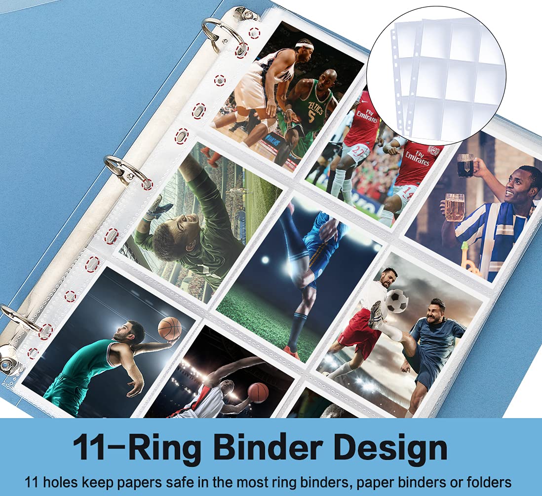 Trading Card Sleeve Pages, HERKKA 200 Pack 9 Pocket Album Pages 11 Holes Fit 3 Ring Binder