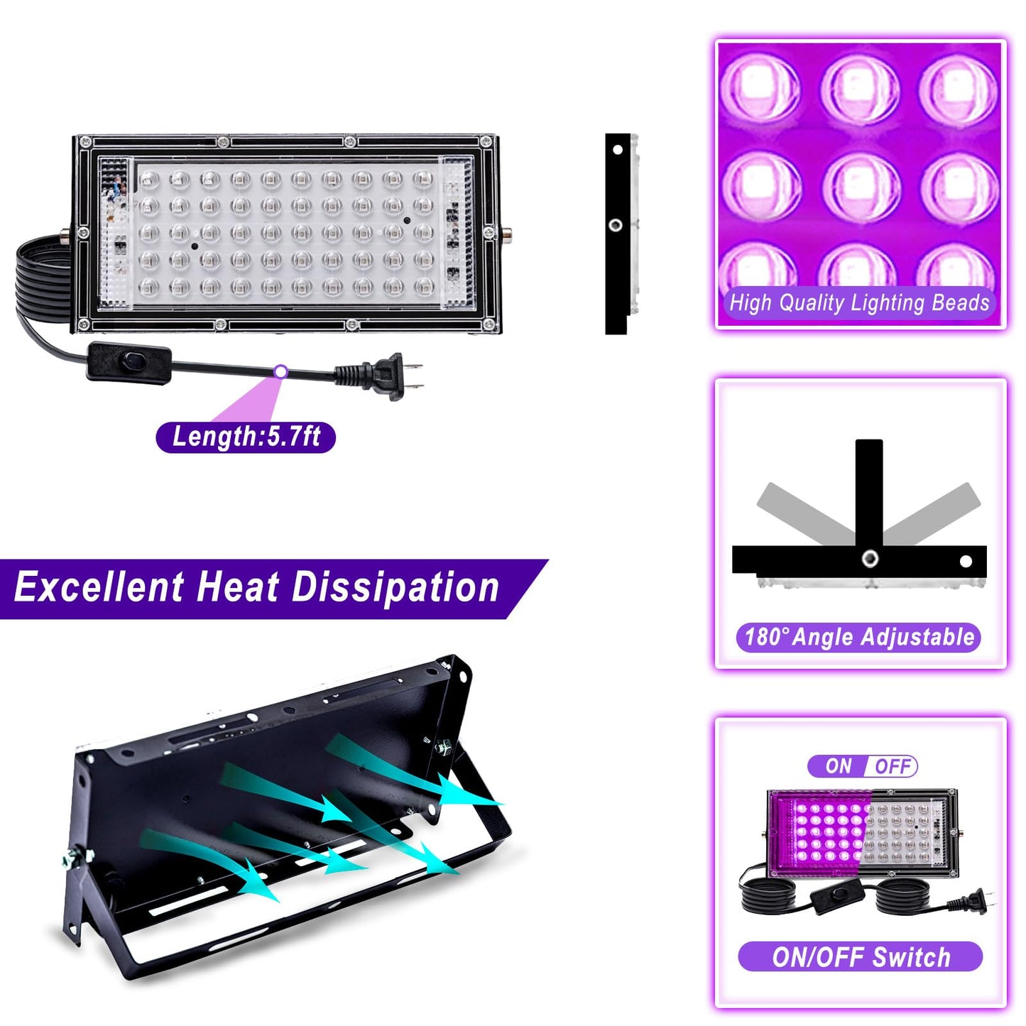 Akpgf 6 Pack 50W Black Light, LED Blacklight with US Plug and Switch, Black Lights for Glow Party,Halloween,Body Painting,Birthday Party,Fluorescent Painting and Tapestry