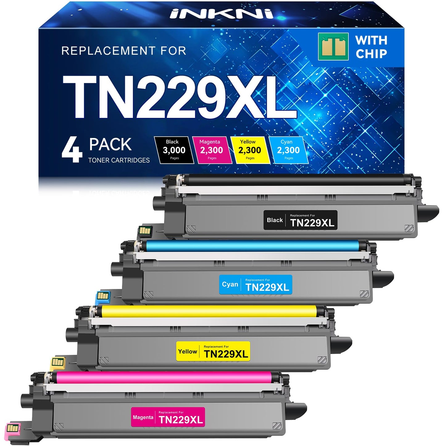 InkNI Compatible Toner Cartridges Replacement for Brother TN229XL TN229 XL TN-229XL Toner Cartridges for MFC-L3780CDW MFC-L3720CDW HL-L3280CDW HL-L3220CDW HL-L3300CDW Printer (TN-229XLBK/C/M/Y-4 Pack)