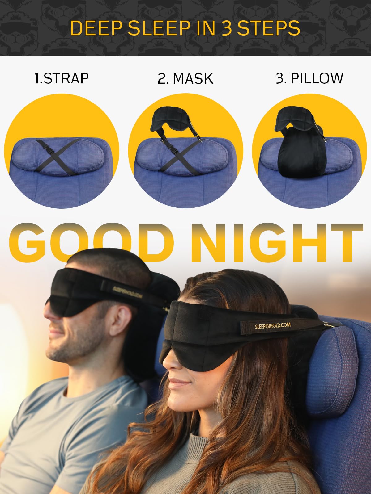Sleeper Hold Travel Pillow - Real Sleeping Experience on Long Flights - Head Strap with Eye Mask - Super-Soft, Lightweight, Easy-to-Carry, and Machine-Washable Airplane Pillow