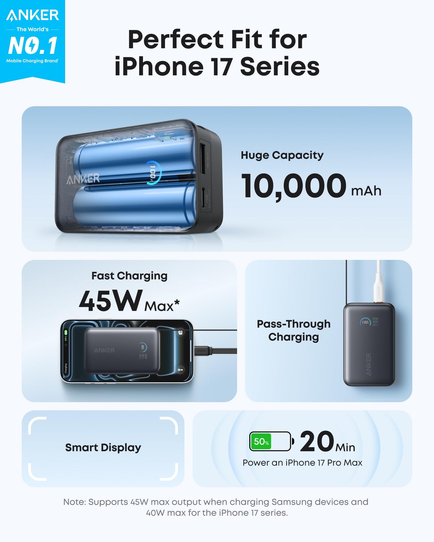 Anker Nano Portable Charger, 10,000mAh 45W Max Compact Power Bank, Travel Essential Phone Battery Pack with 2.3 ft InstaCord Retractable Cable for iPhone 17/16 Series, iPad, Galaxy, Pixel, and More