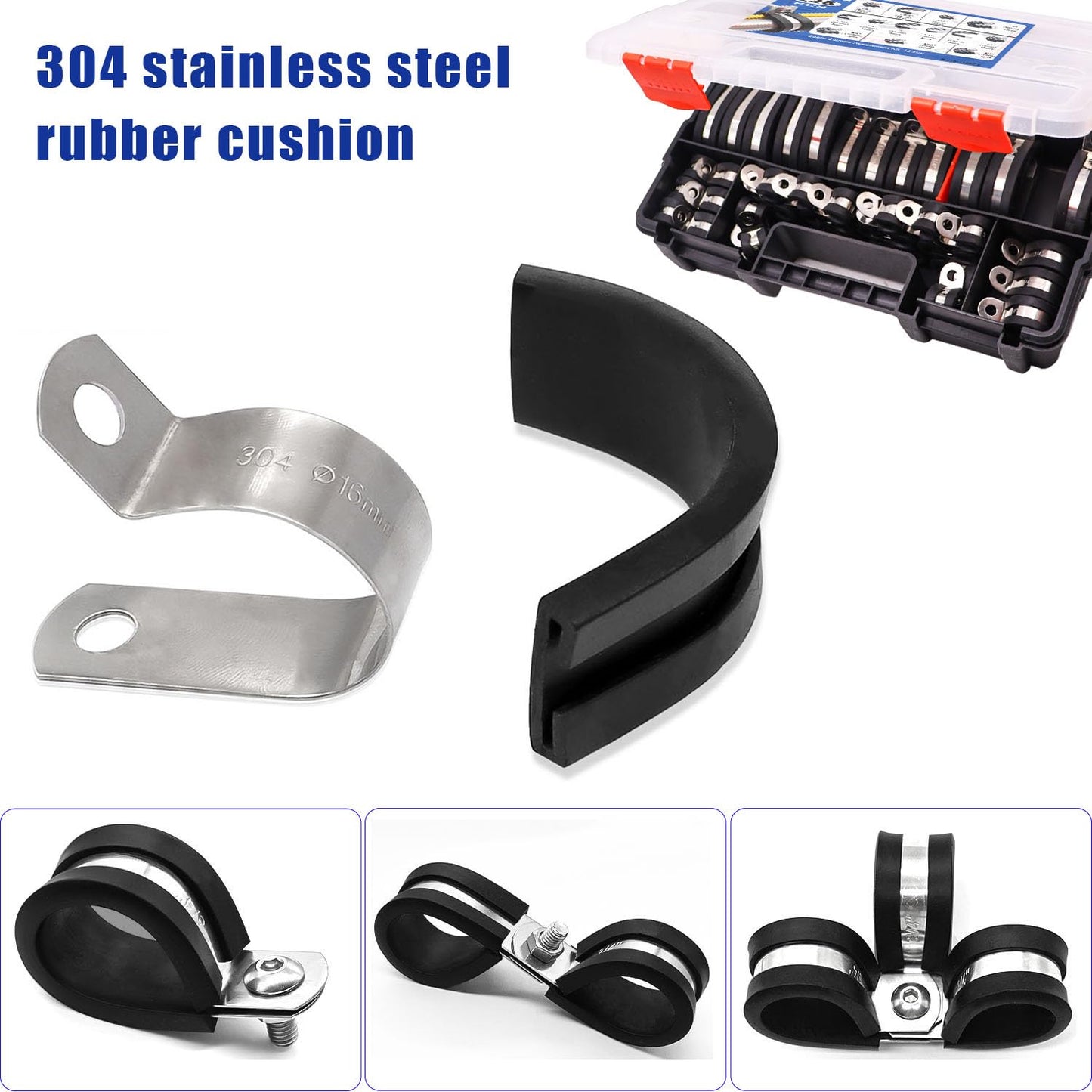 Taiss 125PCS Cable Clamps 304 Stainless Steel Rubber Cushion Pipe Clamps Assortment Kit,12 Sizes 3/16" 1/4" 5/16" 3/8" 1/2" 5/8" 3/4" 1" 1-1/4" 1-1/2" 1-3/4" 2" Wire Clamps With Portable Handheld Box