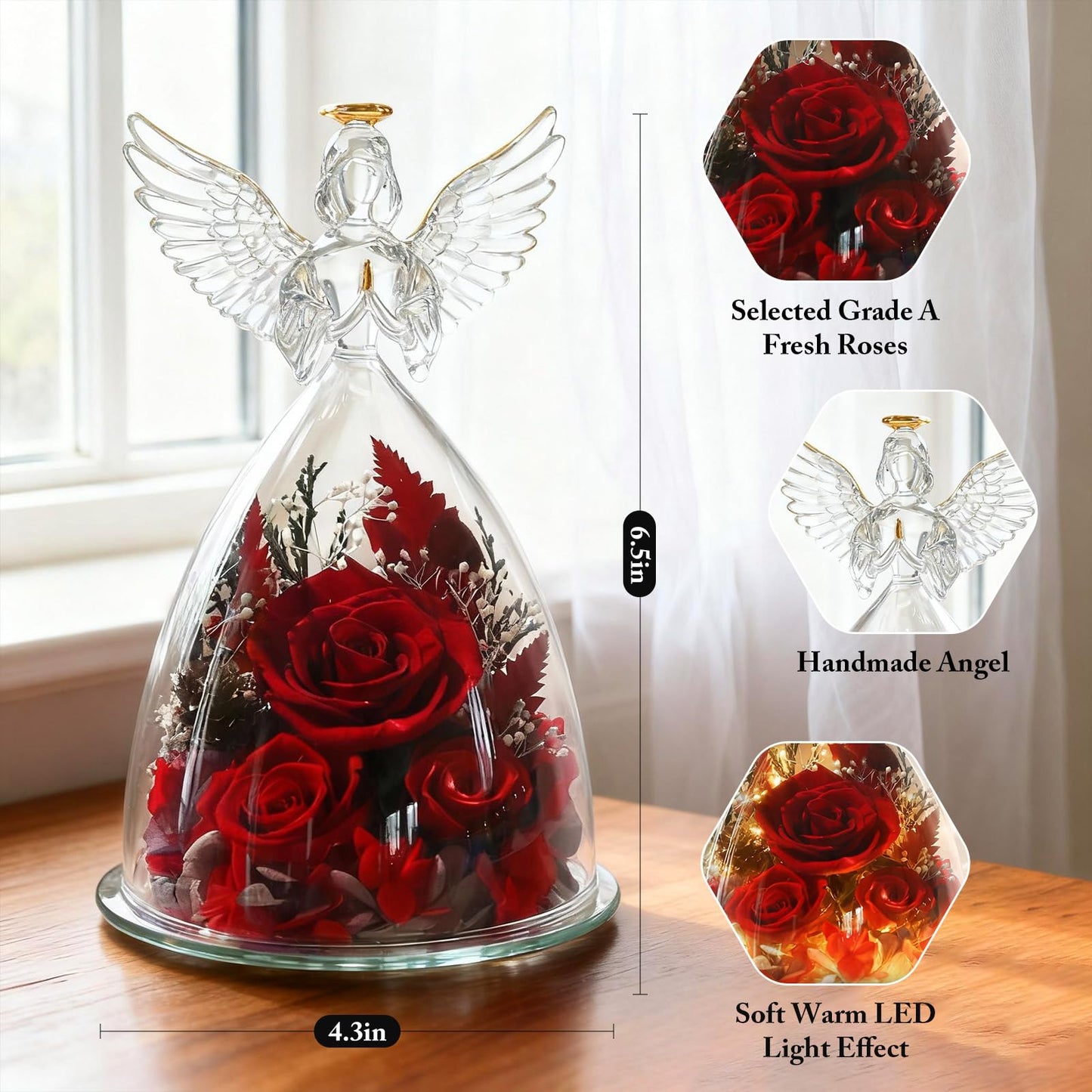 AIMEYE Birthday Gifts for Wife and Girlfriend, Red Preserved Roses in Glass Angel Figurine, Romantic Birthday Gift for Her, Love Keepsake