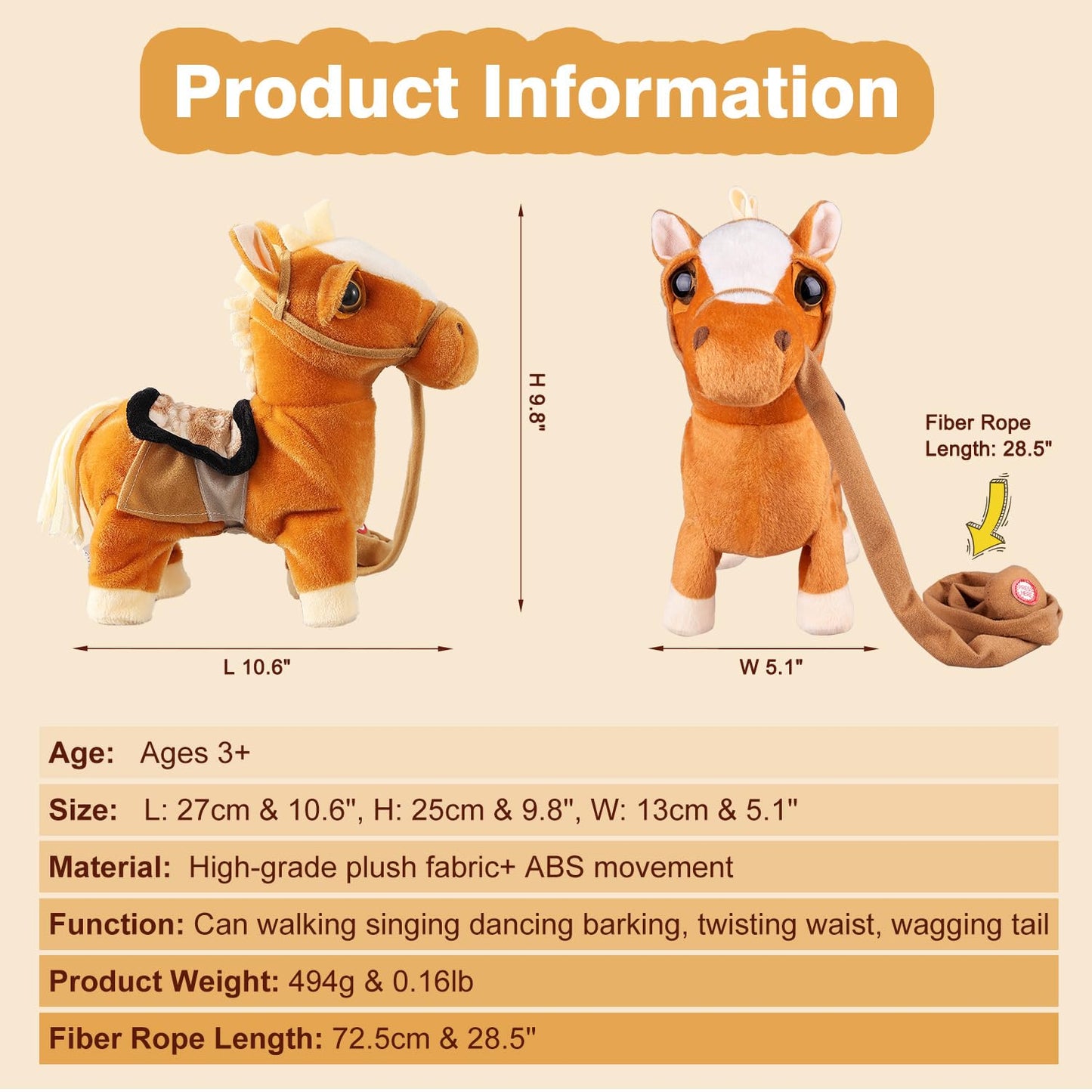 Musical Singing Dancing Plush Interactive Pony Walk Along Toy Horse with Leash - Robot Plush Stuffed Animal Shaking Head Buttocks for Boys & Girls Kids or Toddlers - H: 11.81"