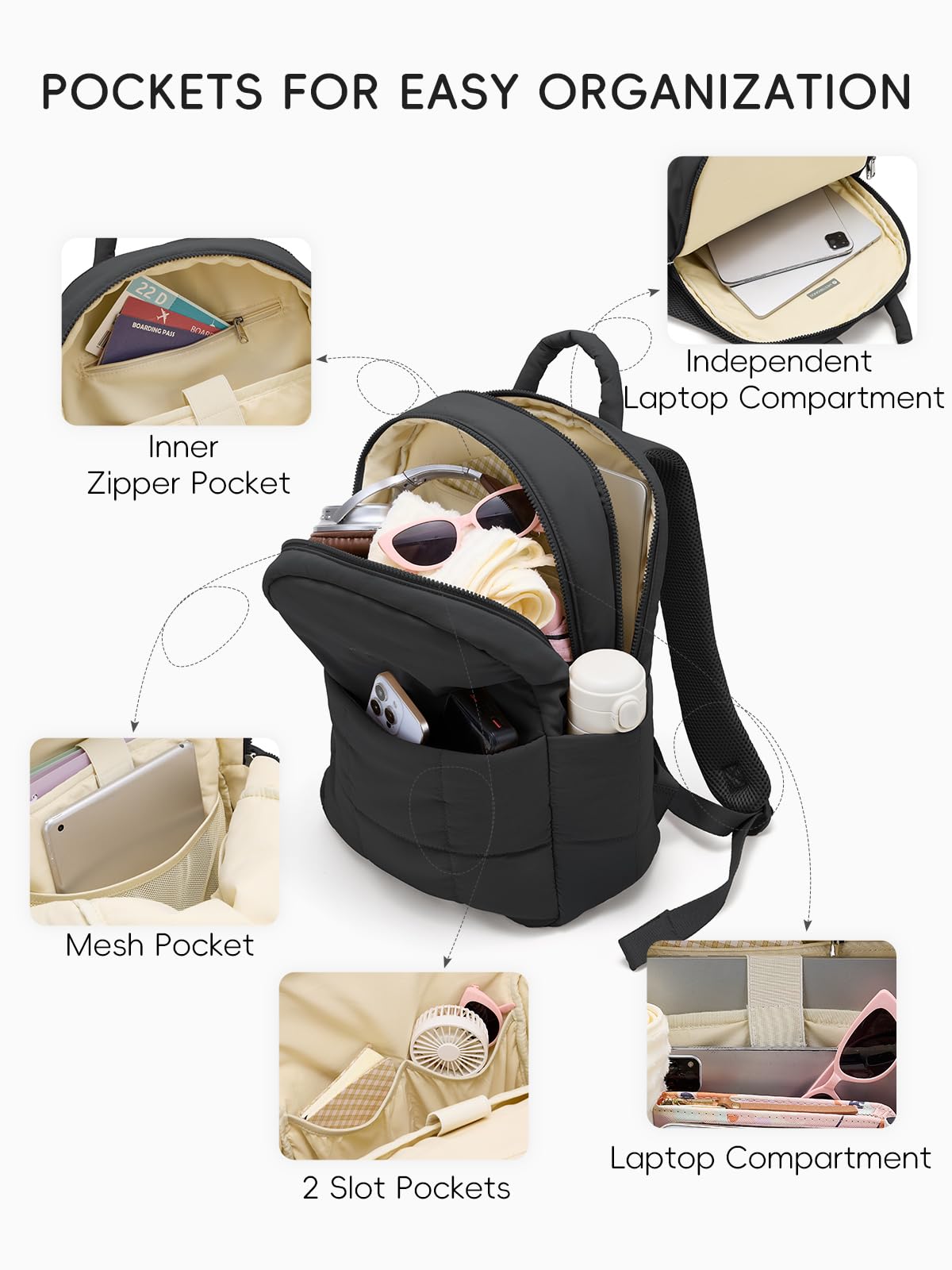 WESTBRONCO Puffer Laptop Backpack for Women Travel Backpack for Women Airplane Approved Backpack with 16'' Laptop Compartment